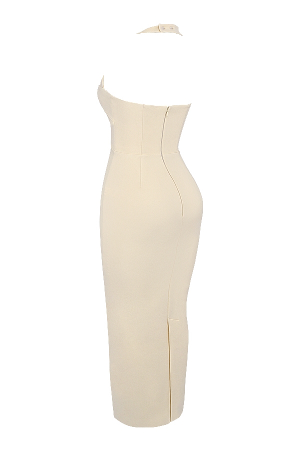 Mia-Ecru Halter Maxi Dress