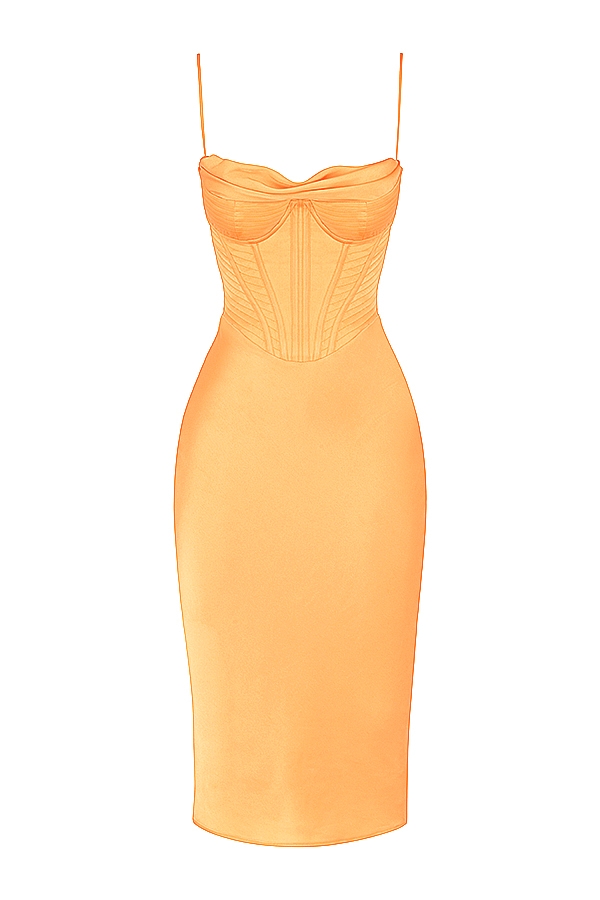 Myrna-Tangerine Satin Corset Midi Dress