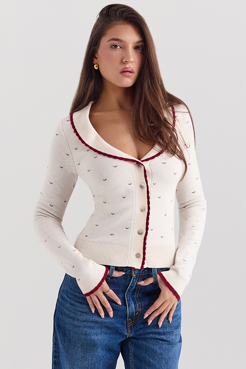 Marla-Ivory Cashmere Blend Trimmed Cardigan