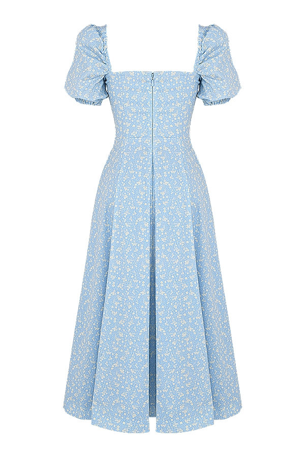 Tallulah-Blue Ivory Floral Puff Sleeve Midi Dress