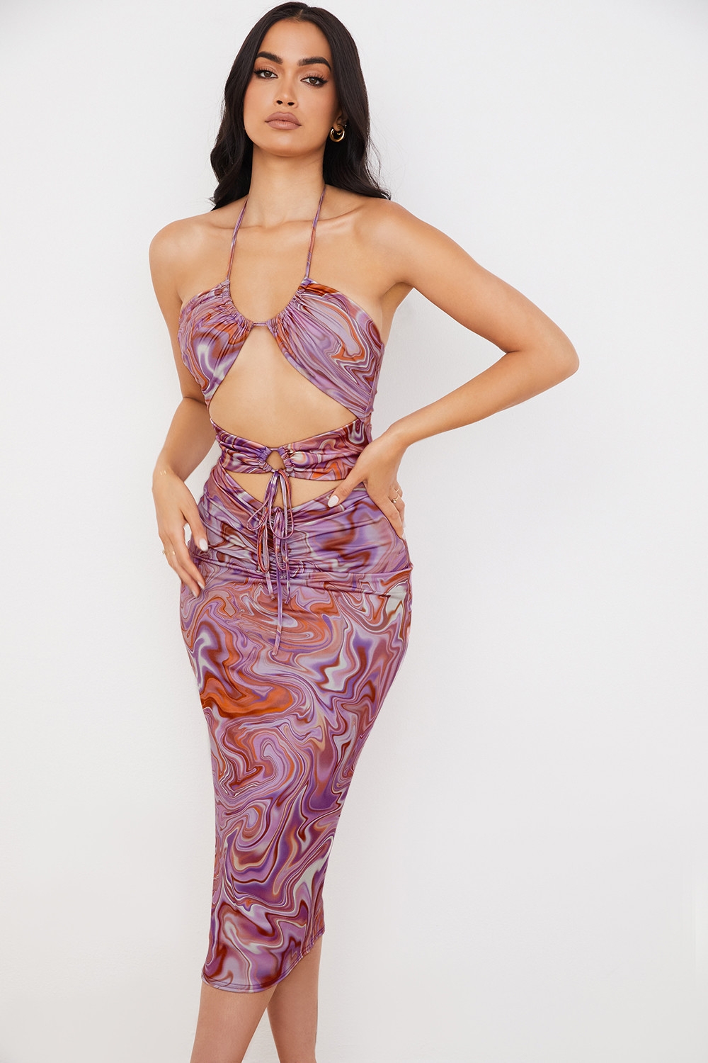 Kasia-Purple Swirl Cutout Midi Dress