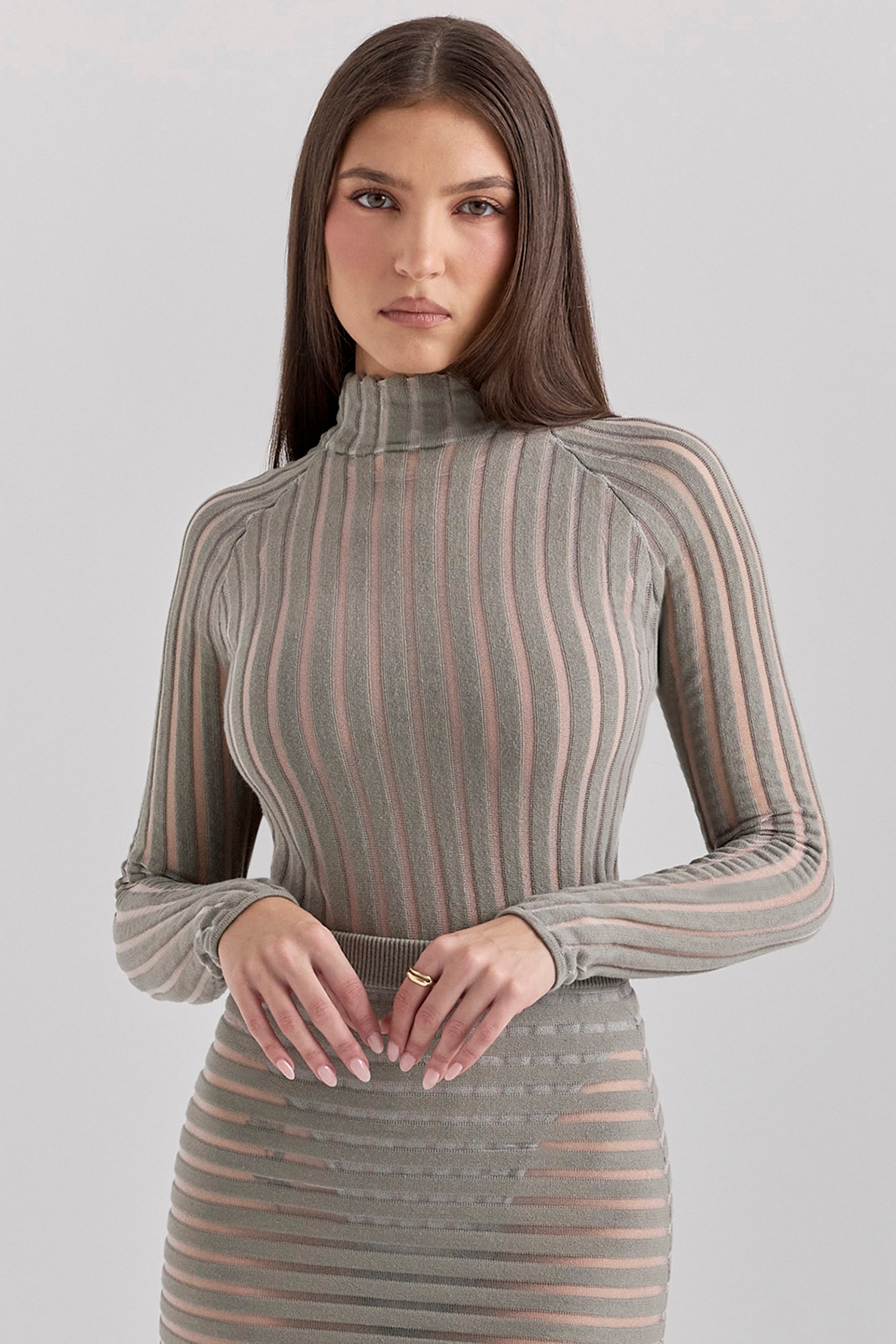Rowena-Grey Velour Sheer Striped Bodysuit