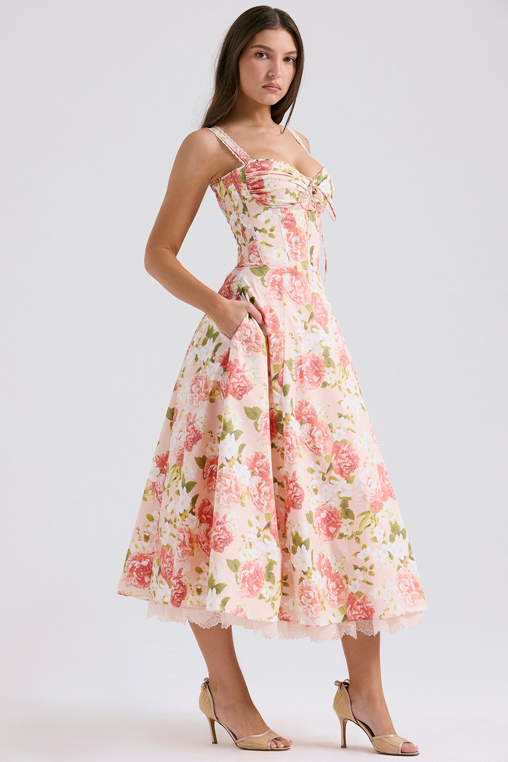 Rosalee-Pink Peony Print Cotton Bustier Sundress