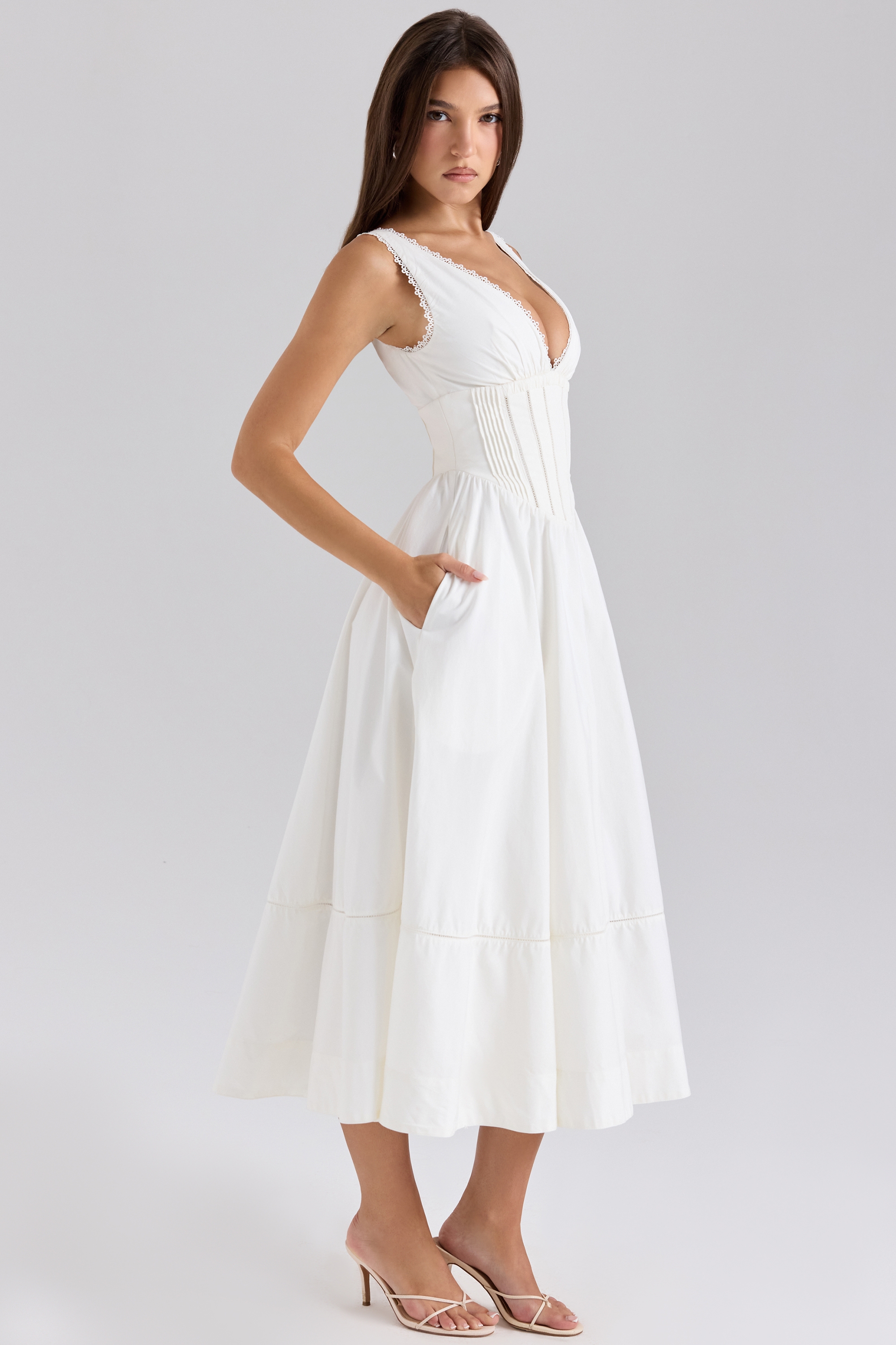 Samia-White Stretch Cotton Midi Sundress