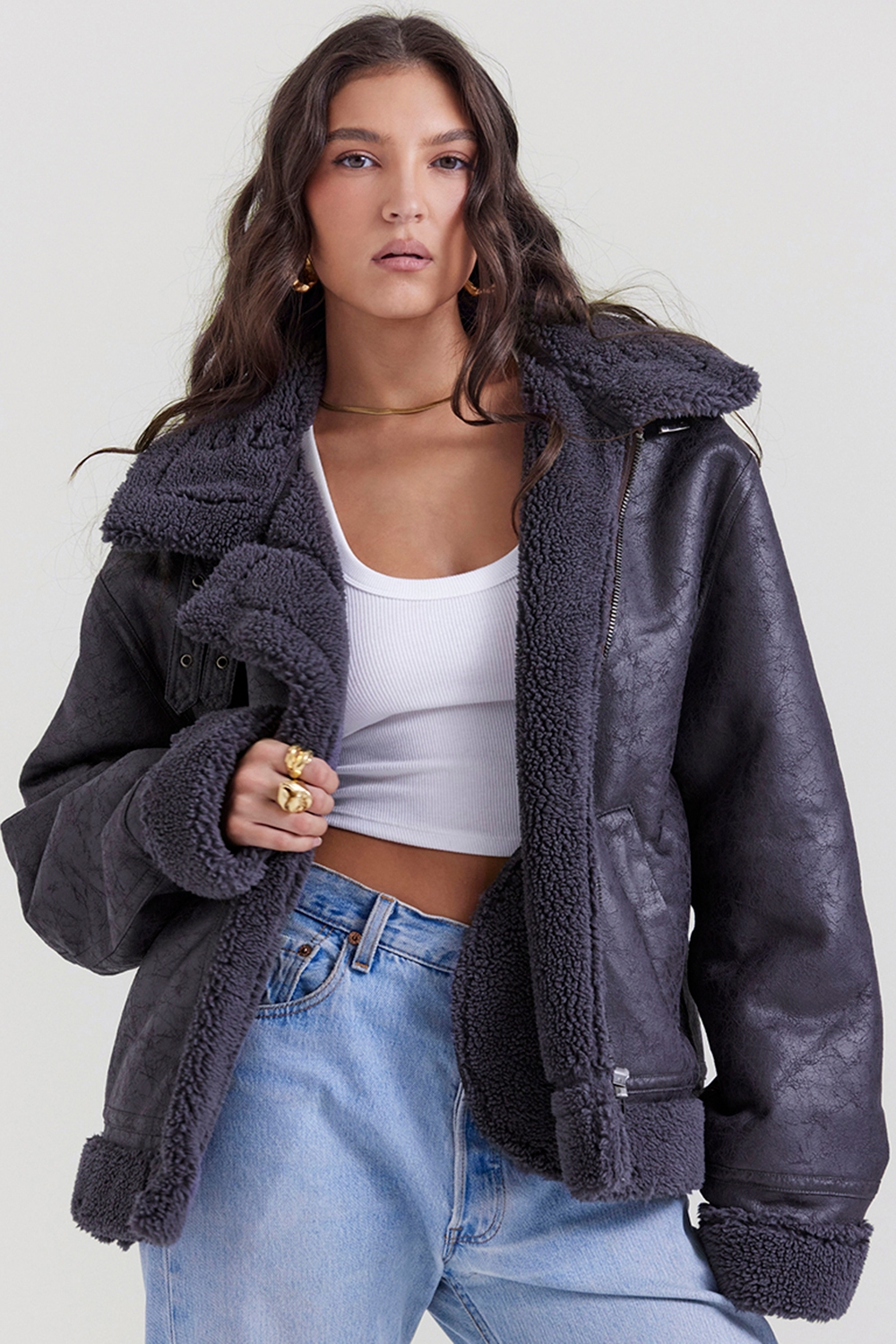Madden-Grey Vegan Shearling Aviator Jacket