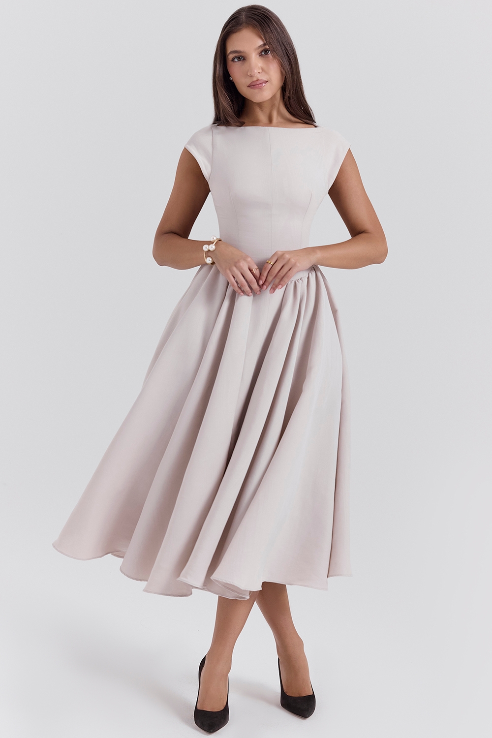 Debutante-French Dove Moire Satin Backless Midi Dress