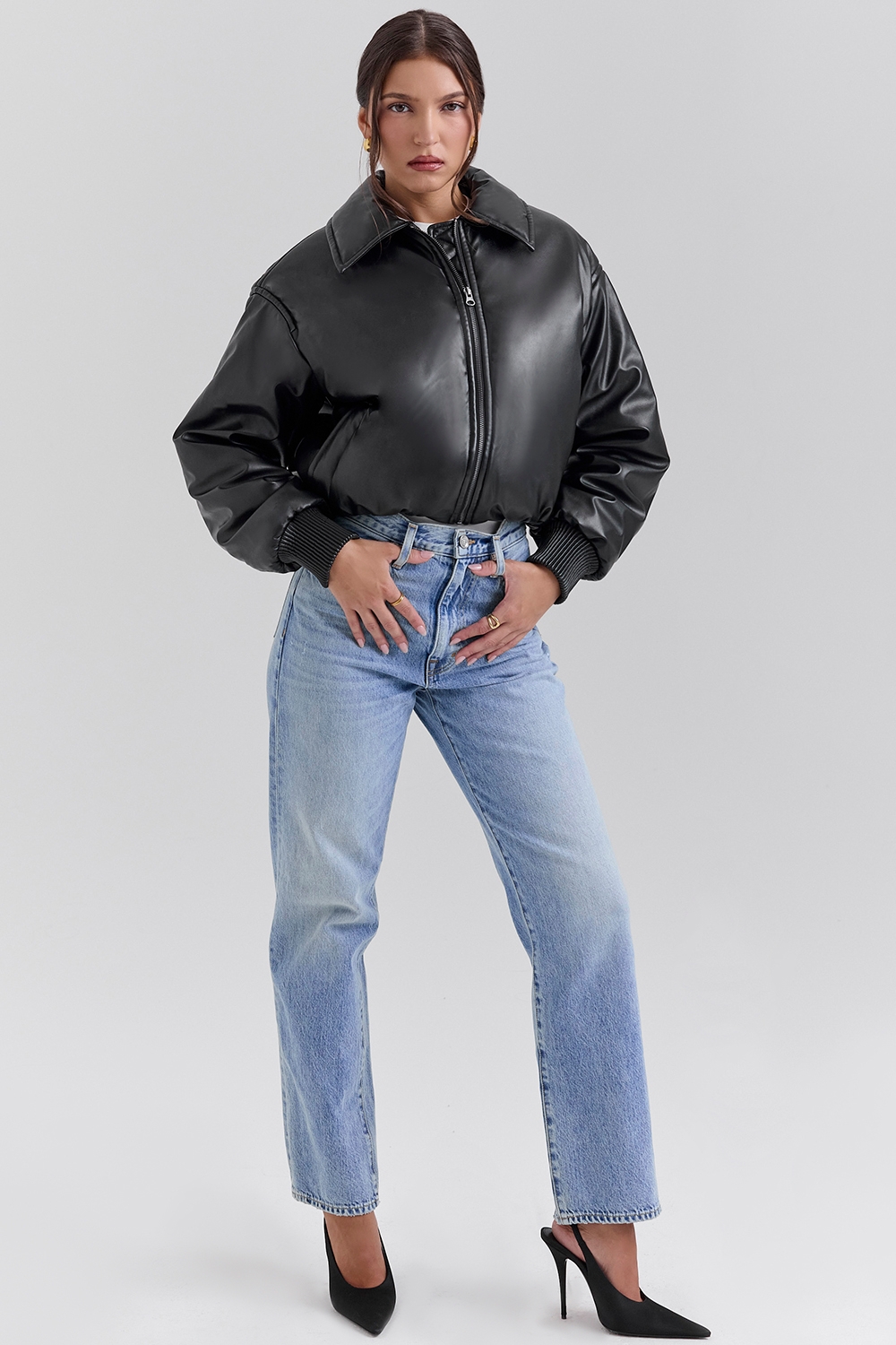 Sante-Black Vegan Leather Bomber Jacket