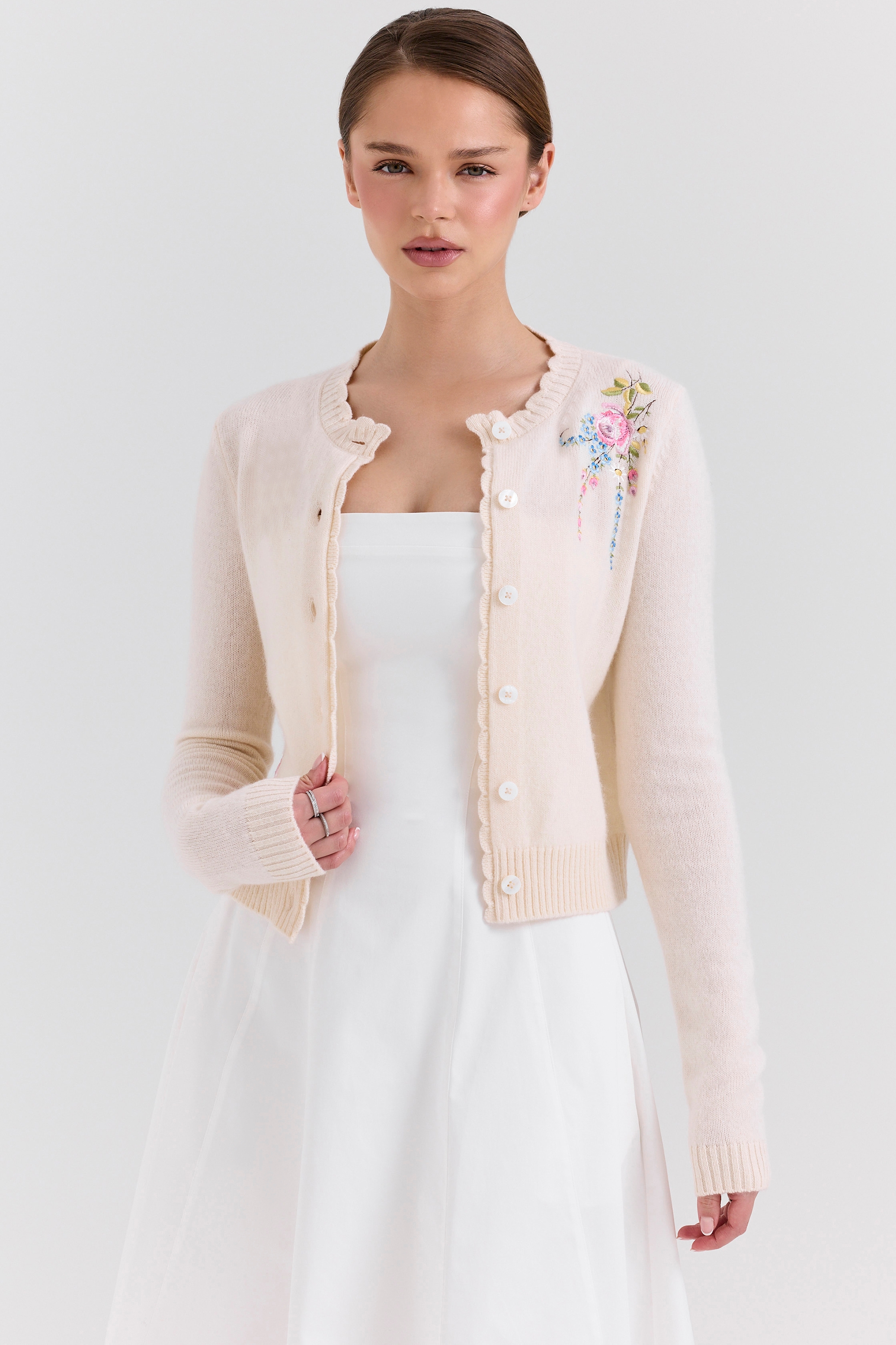 Anjou-Cream Lambswool Floral Embroidered Cardigan