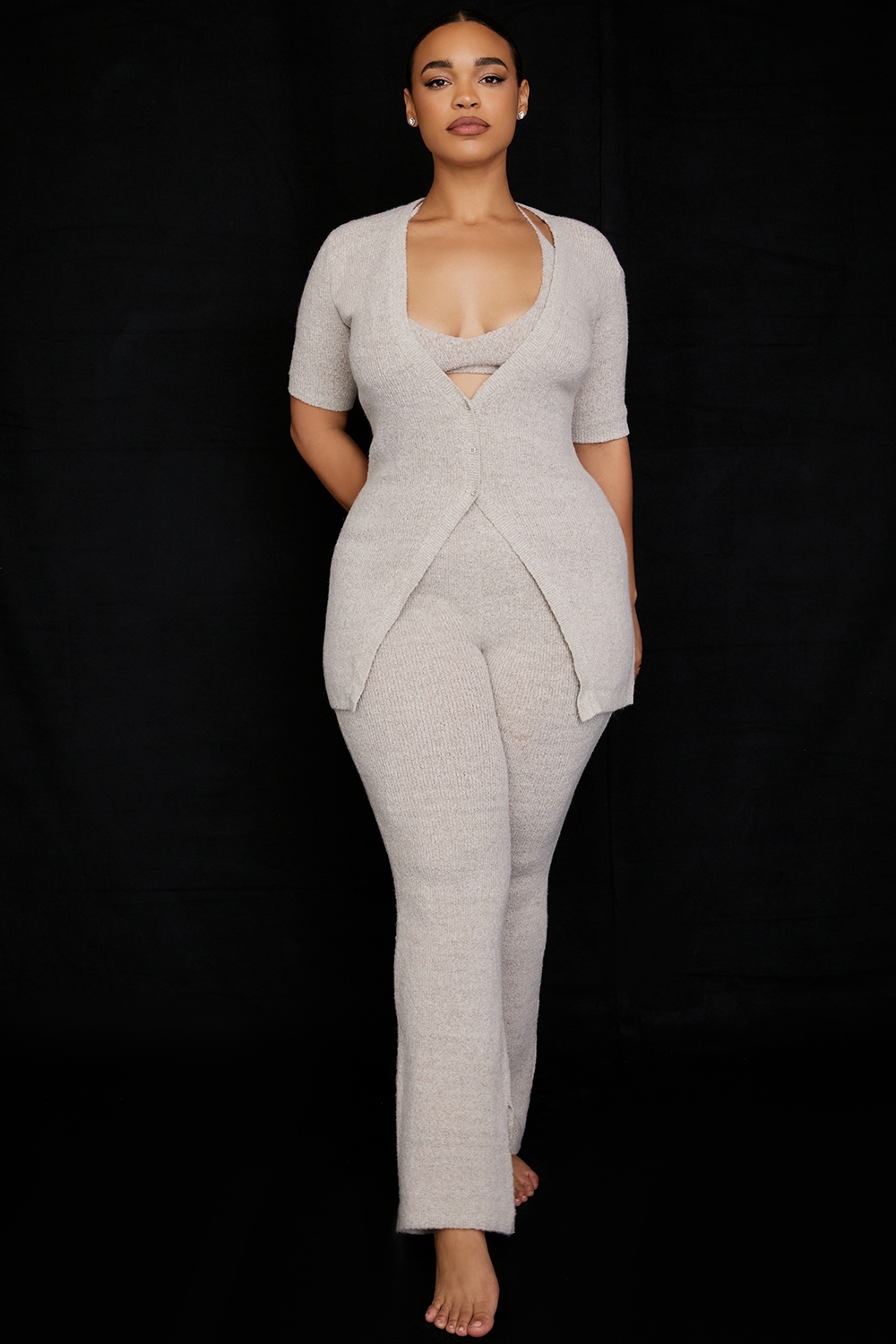 Raven-Oatmeal Ribbed Knit Flared Trousers - SALE