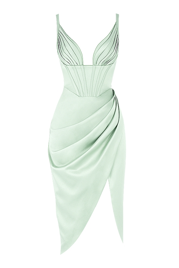 Faye-Pistachio Satin Corset Midi Dress