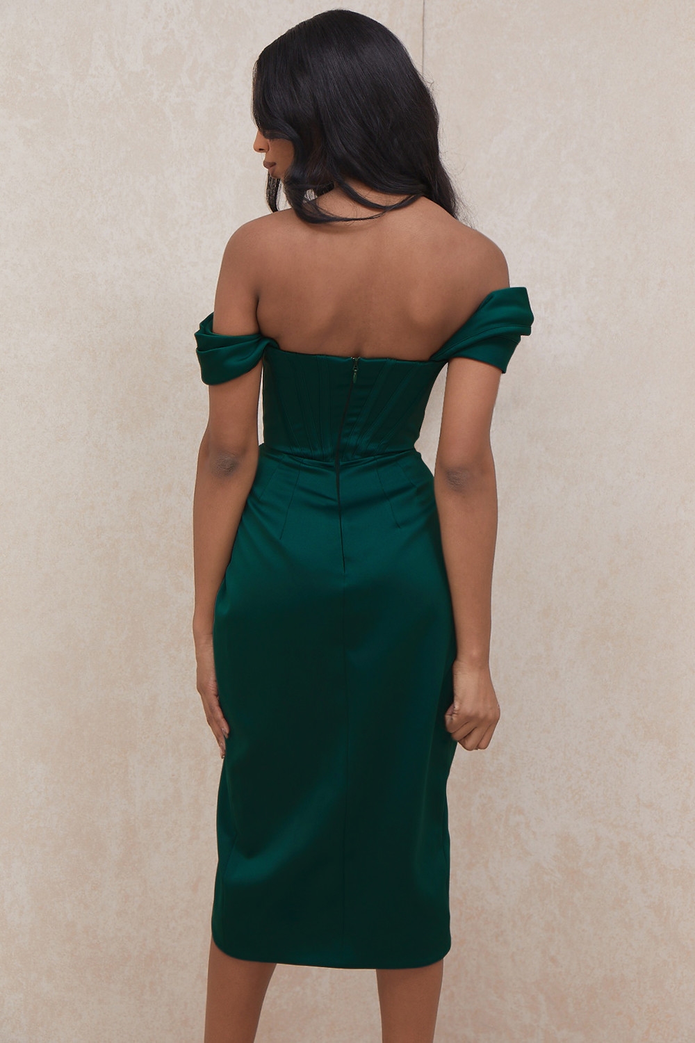Loretta-Emerald Green Satin Off Shoulder Dress