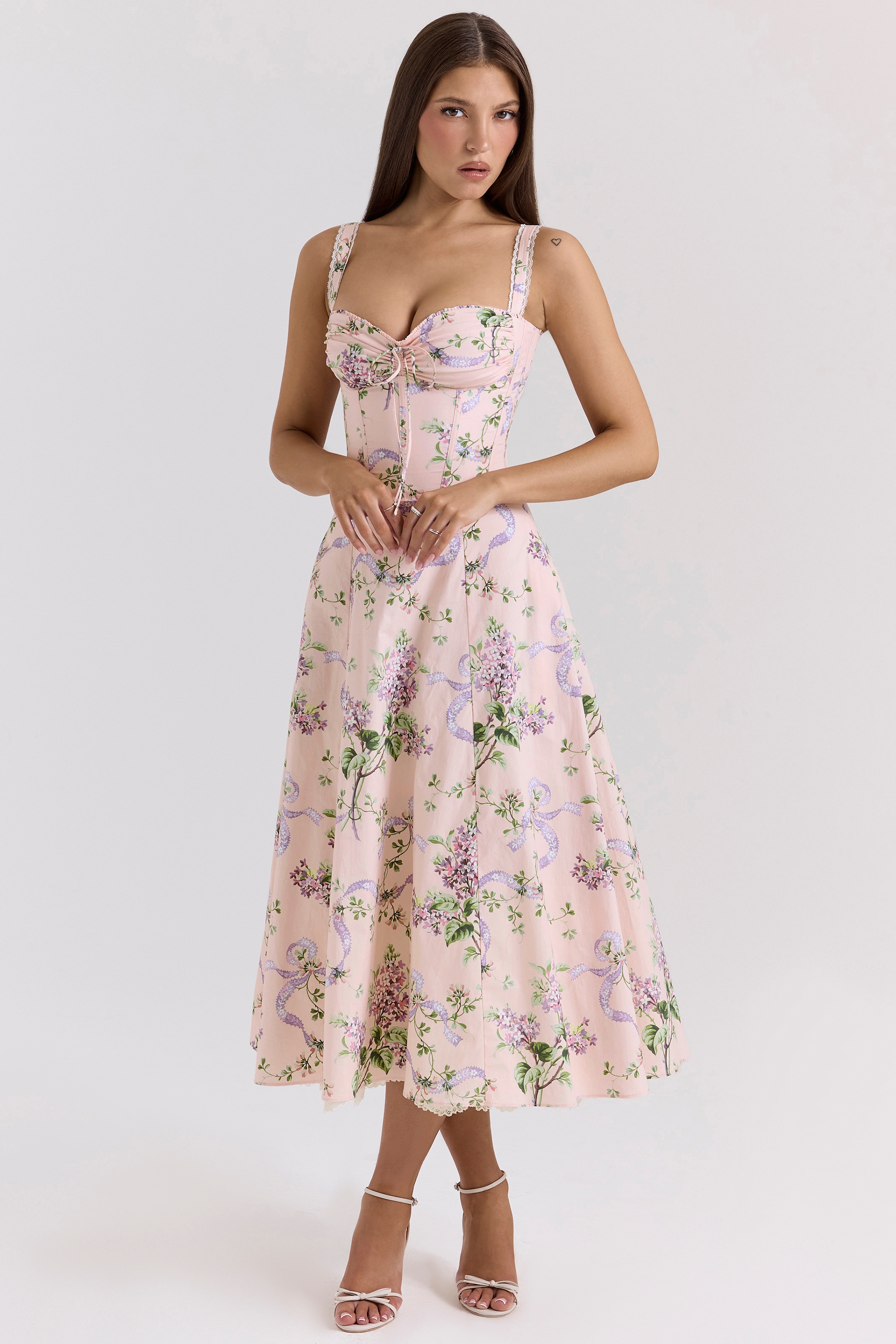 Rosalee-Pink Floral Corset Midi Dress