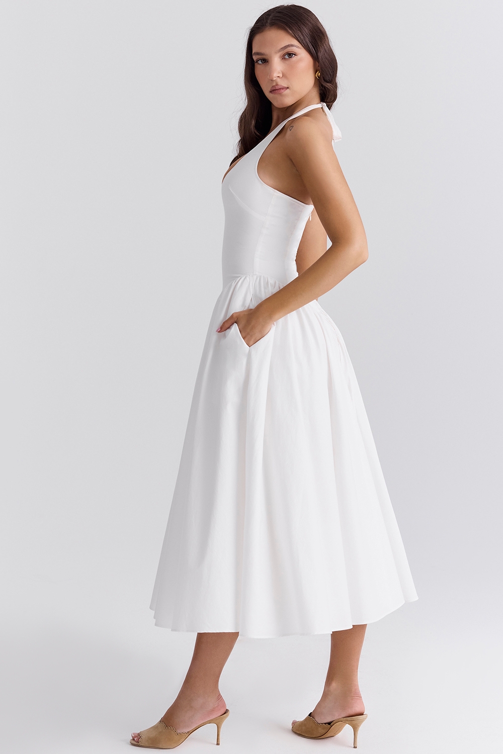 Marilyn-White Cotton Halter Midi Sundress