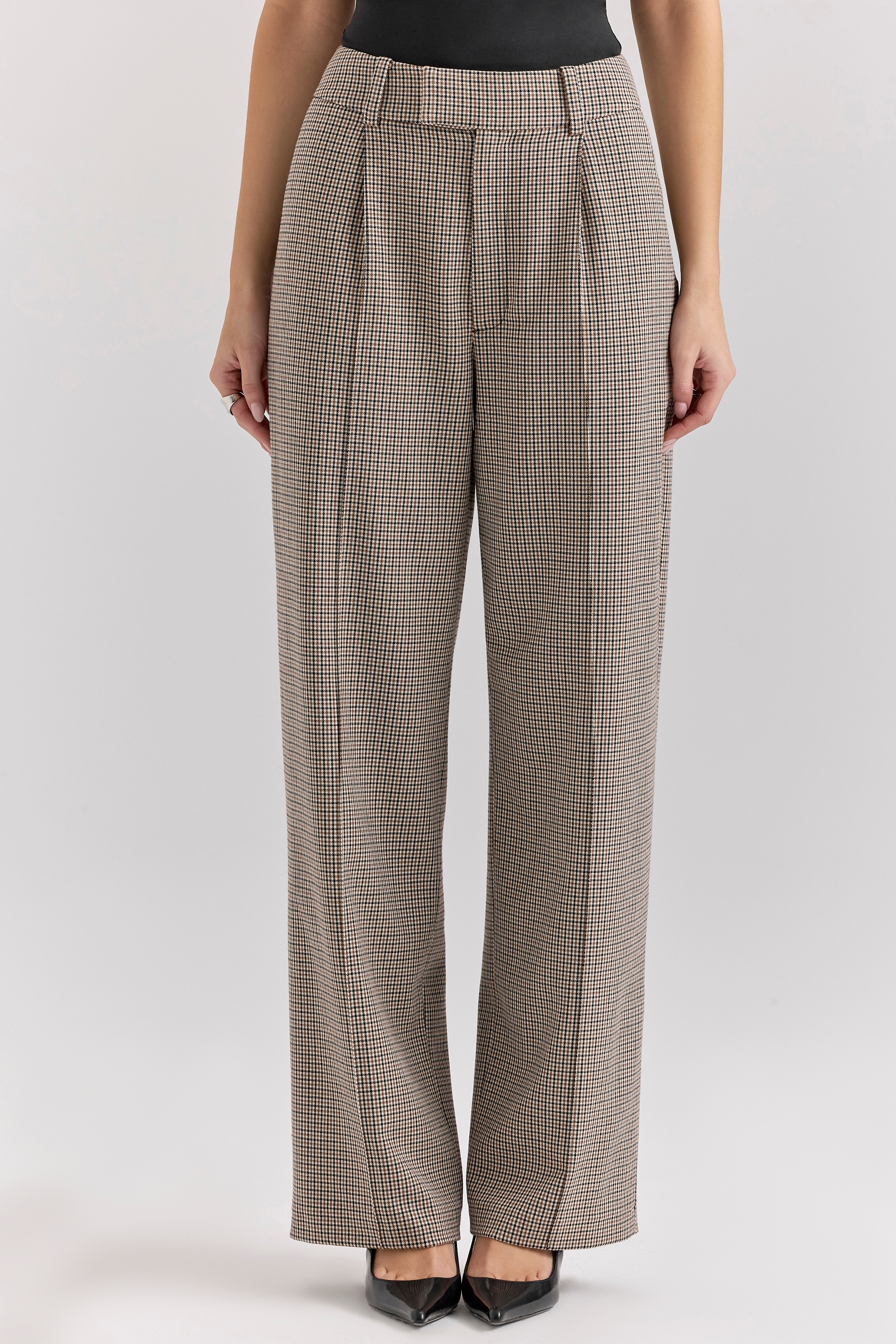 Hayden-Brown Puppytooth Wide Leg High Waist Tailored Trousers