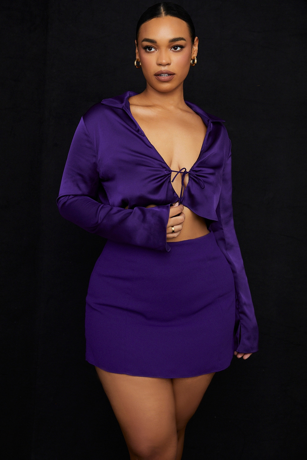 Lavender-Grape Satin Cropped Tie Front Top