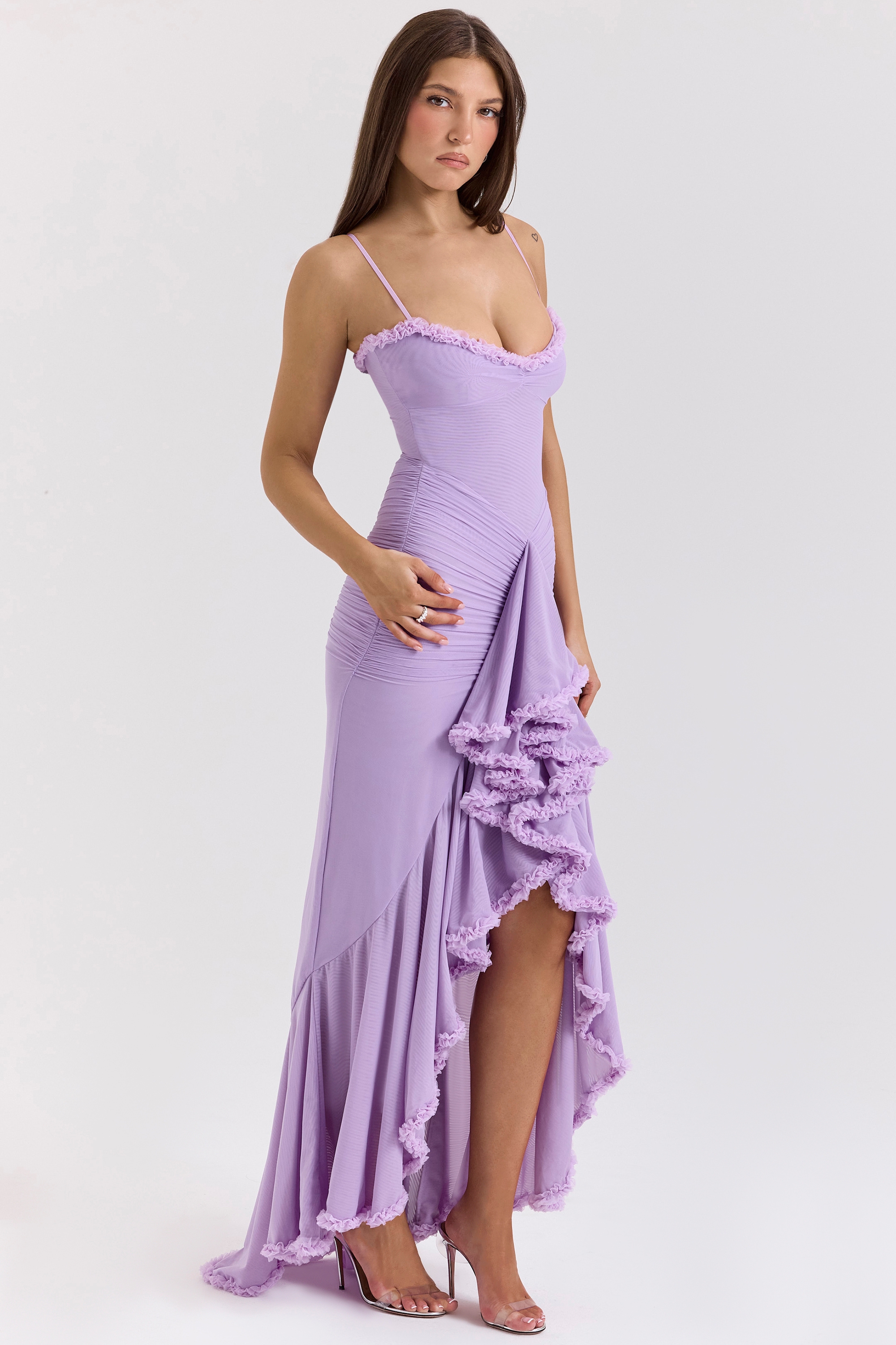 Gabbi-Orchid Mesh Ruffled Front Gown