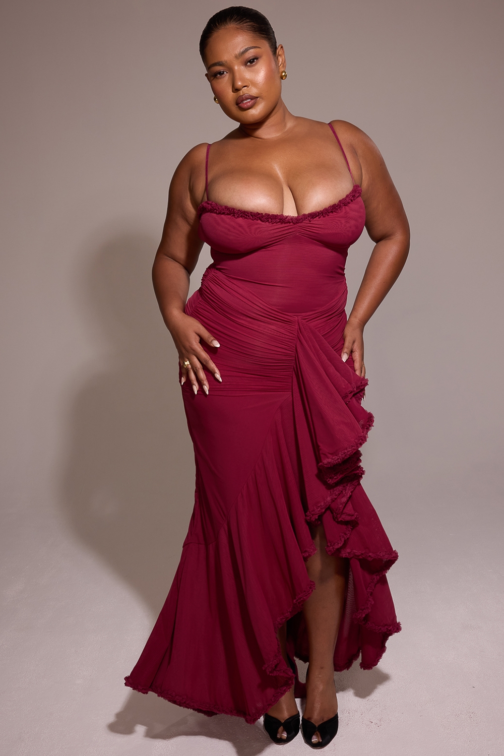 Gabbi-Wine Ruffled Front Gown