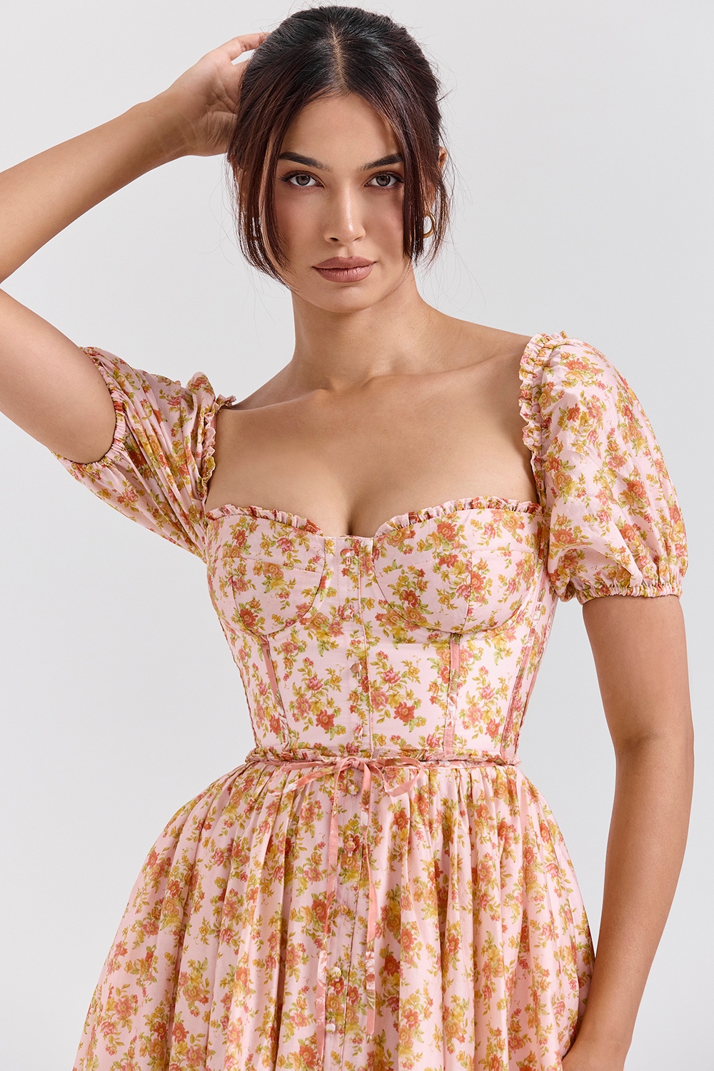 Penelope-Peach Poppy Print Puff Sleeve Midi Sundress