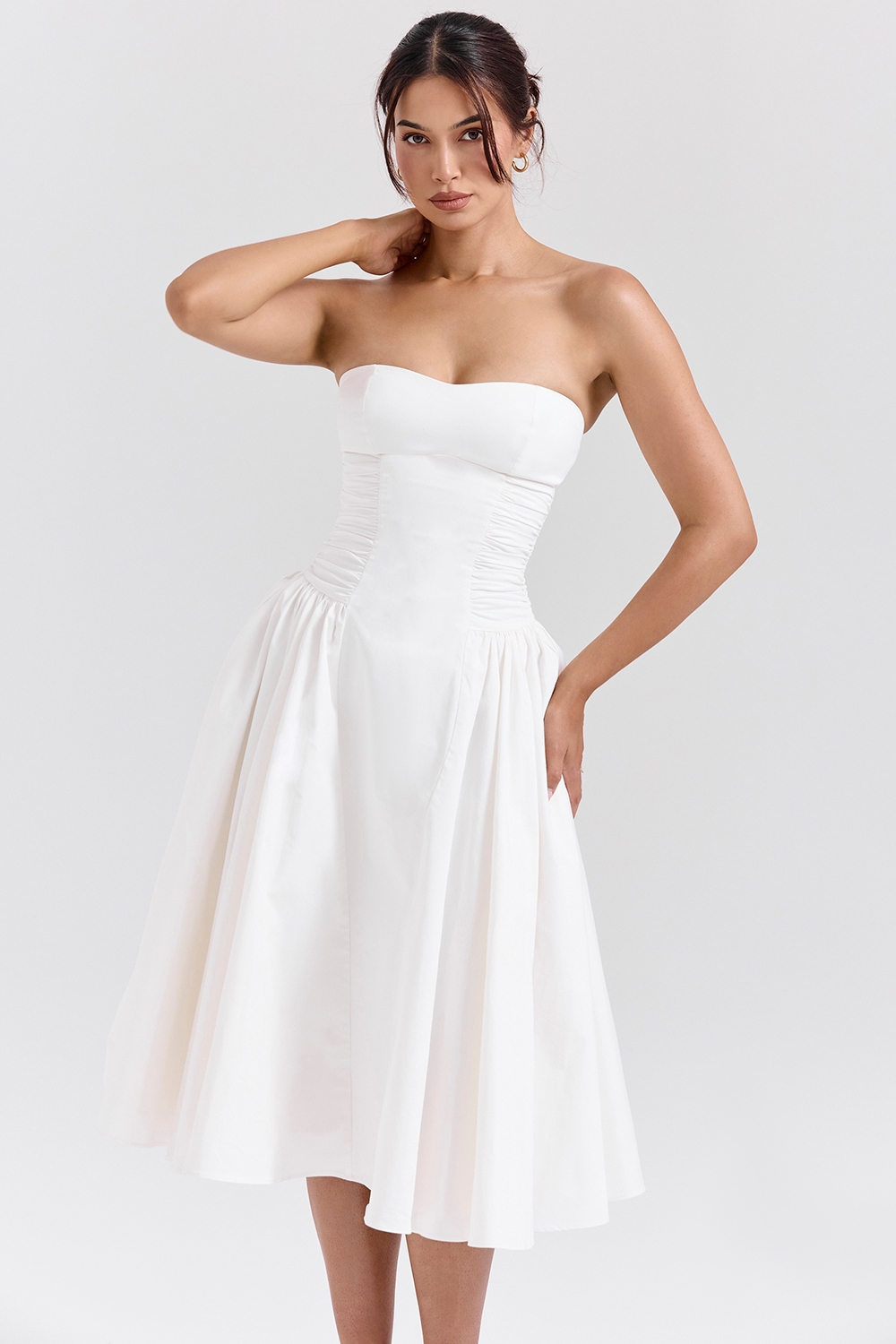 Georgiana-White Cotton Strapless Midi Sundress