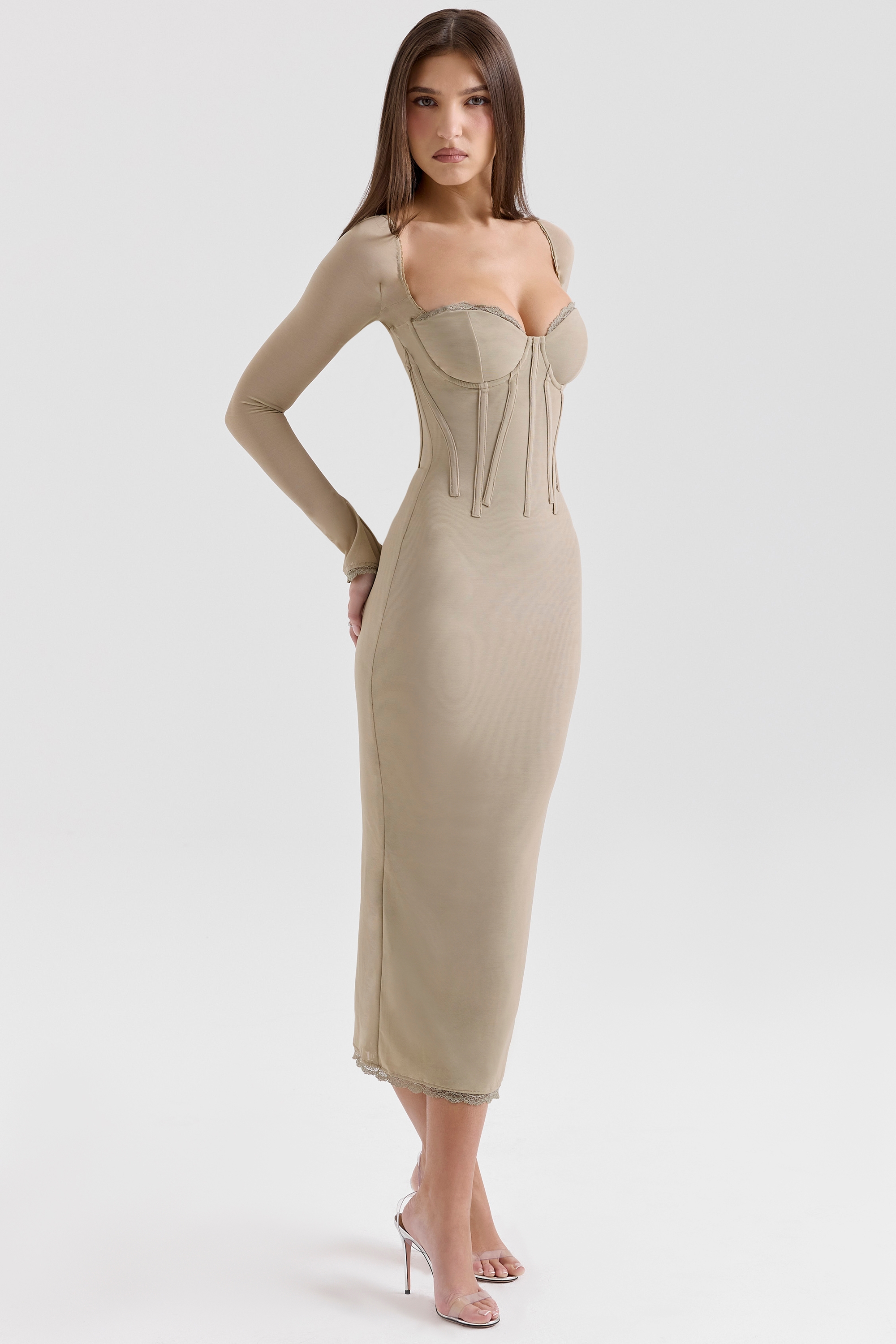 Saisha-Beige Mesh Long Sleeve Bodycon Midi Dress