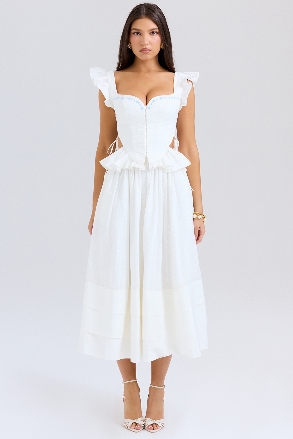 Augustine-White Embroidered Cotton Midi Skirt