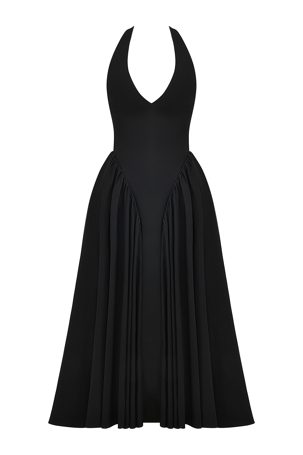 Marilyn-Black Twill Halter Midi Dress