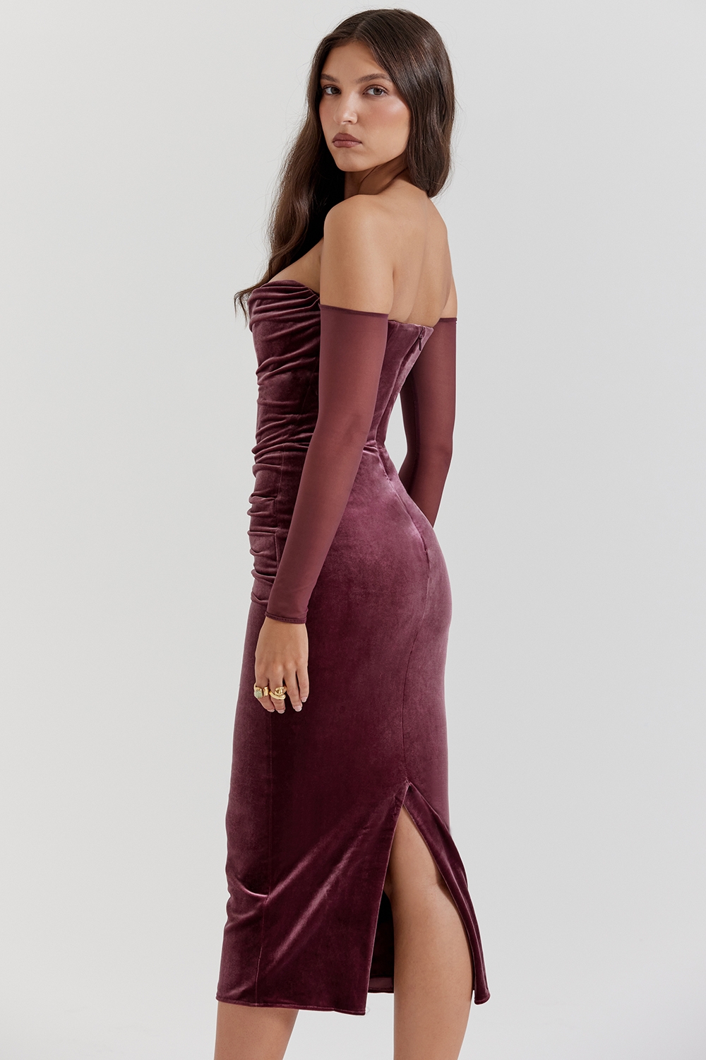 Leora-Mulberry Strapless Midi Dress