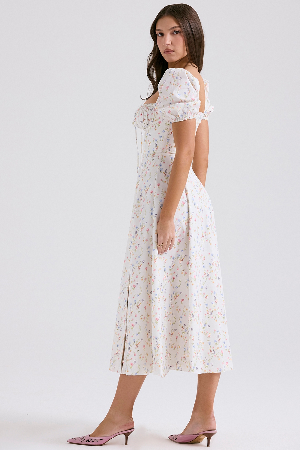 Tallulah-White Posy Print Cotton Puff Sleeve Midi Sundress