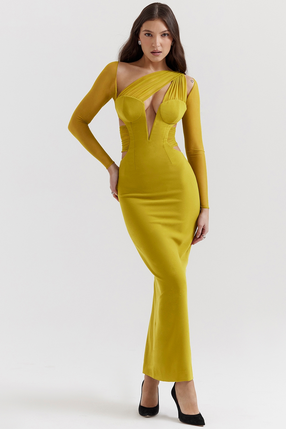 Zahra-Chartreuse Plunge Maxi Dress