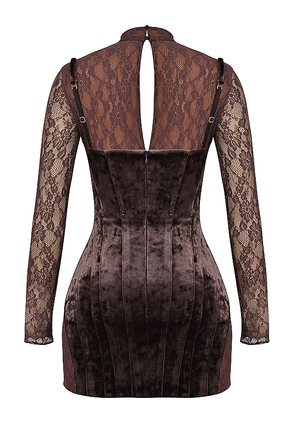 Marica-Brown Velvet & Lace Corset Dress