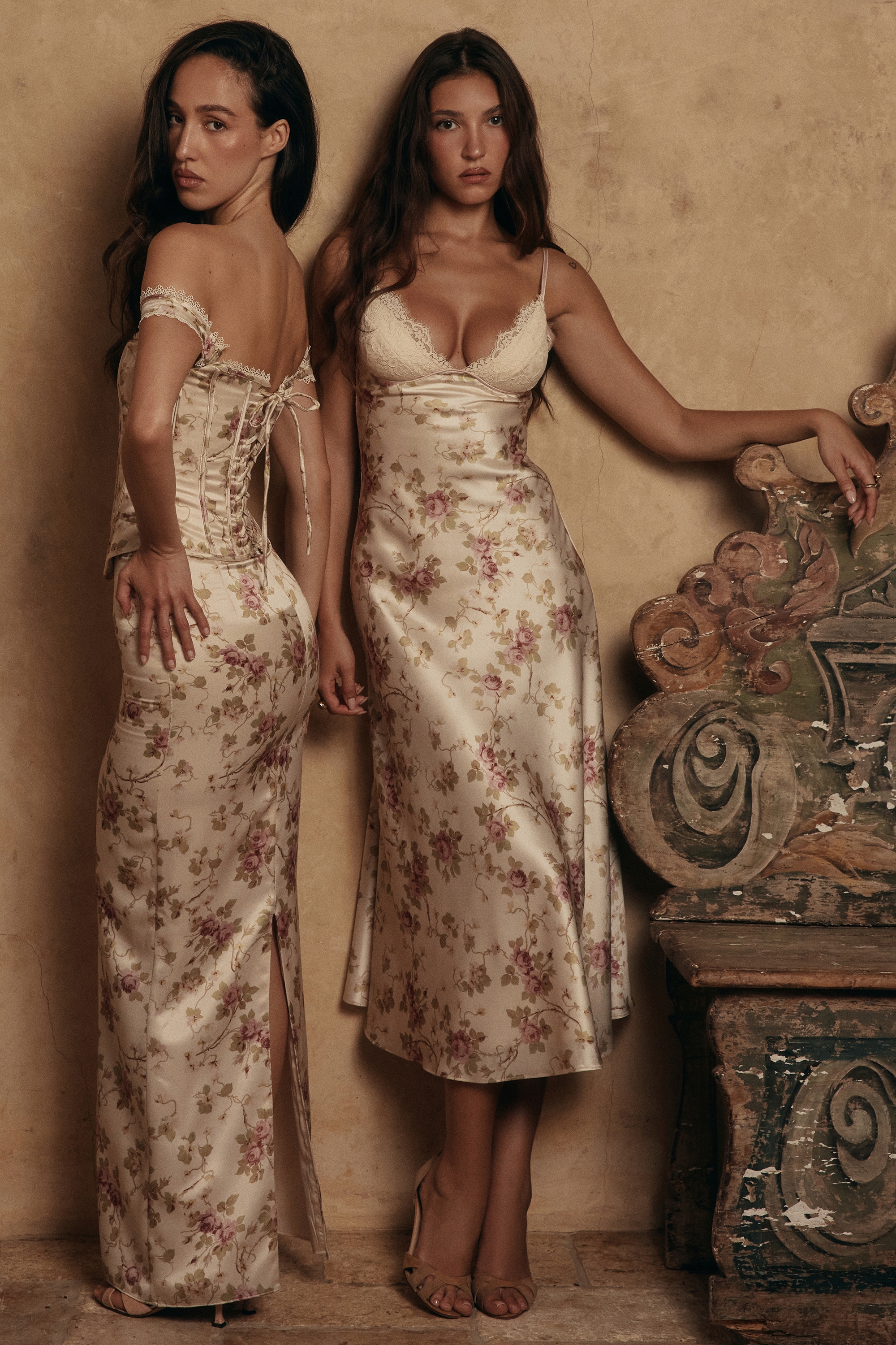 Felicity-Ivory Floral Print Satin Bias Cut Midi Dress