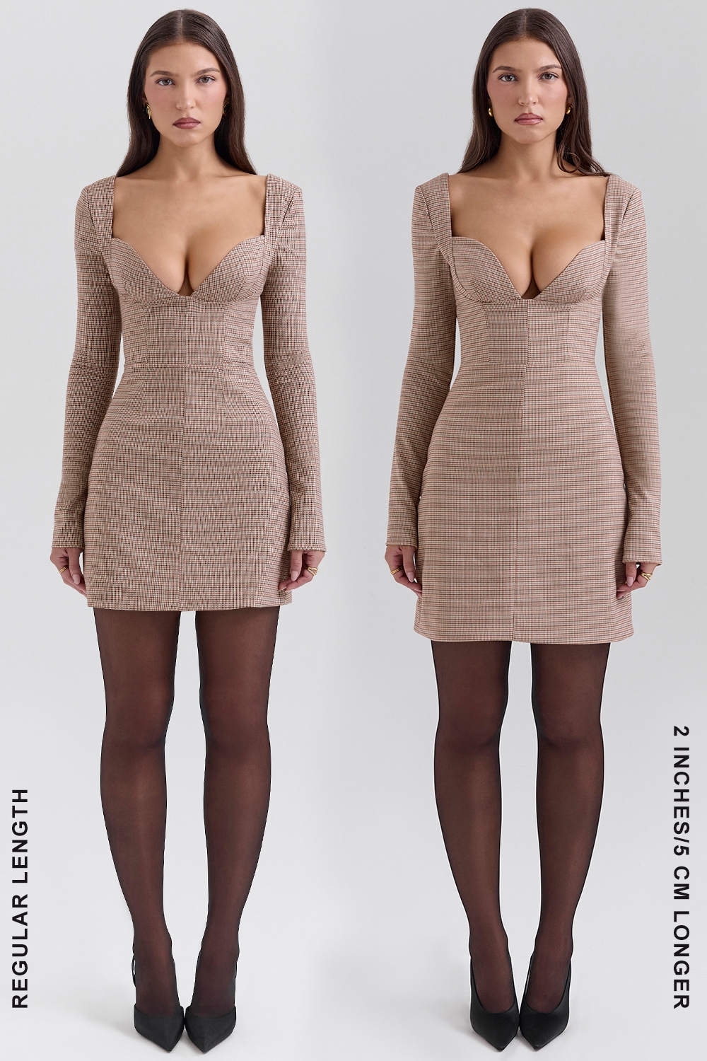 Angelie-Brown Puppytooth Check Plunge Mini Dress - SALE