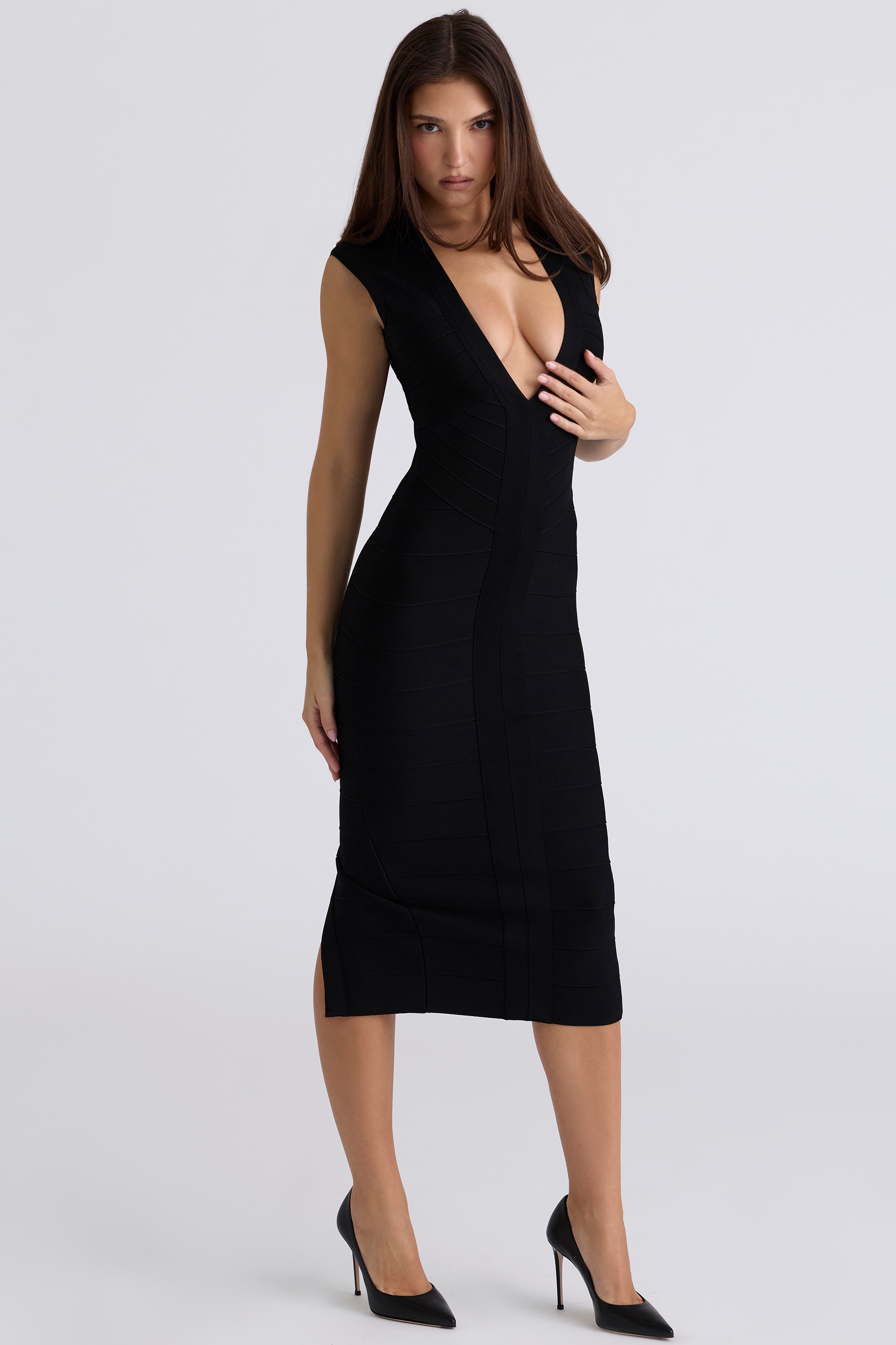 The Super Plunge-Black Stretch Bandage Midi Dress
