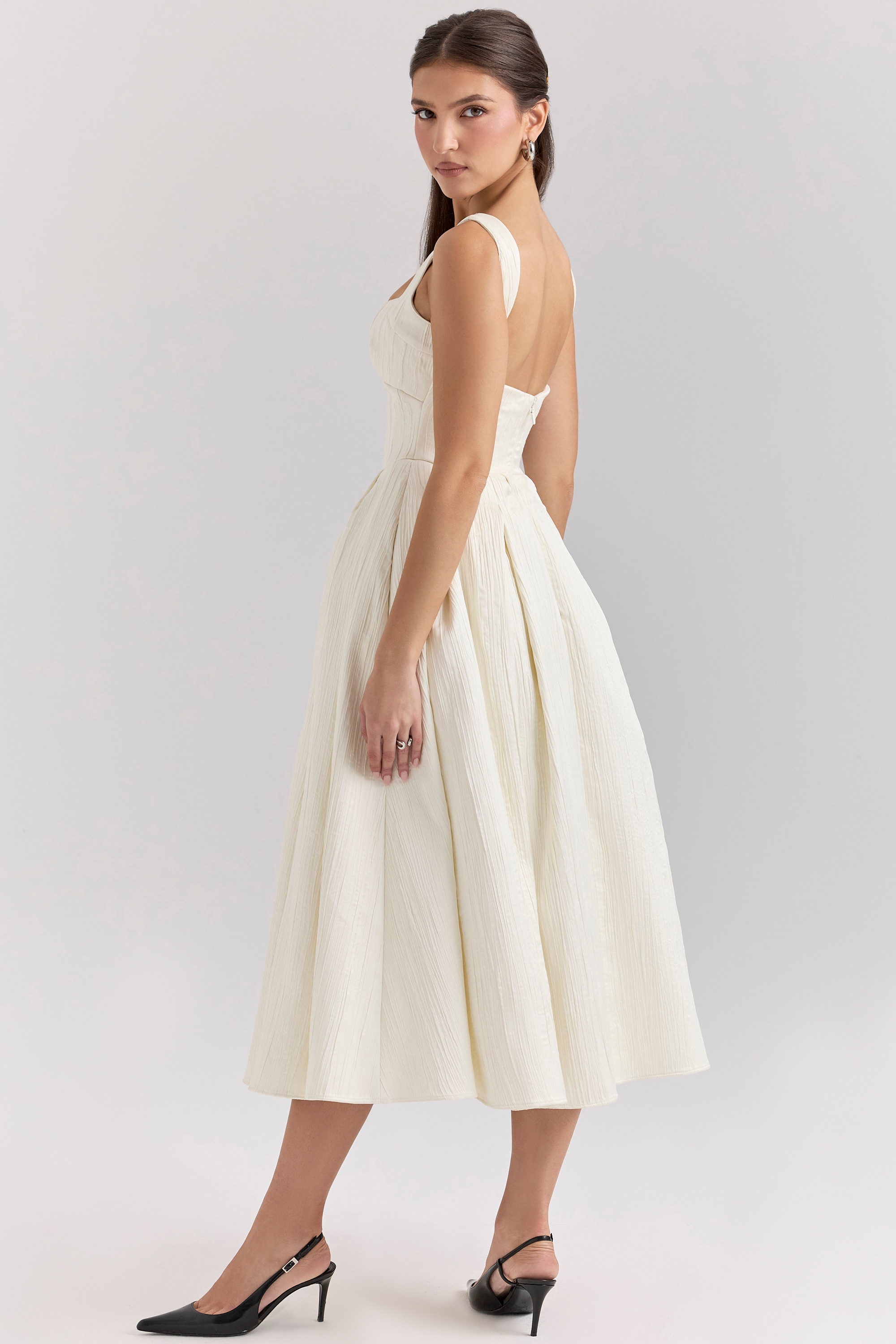 Isabeau-Ivory Textured Satin Corset Midi Dress