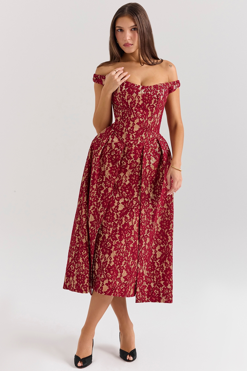 Charming-Gold and Berry Lace Midi Off Shoulder Dress