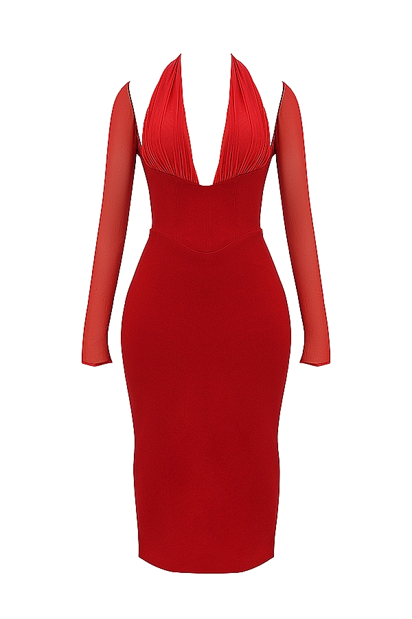 Yasmin-Scarlet Plunge Midi Dress