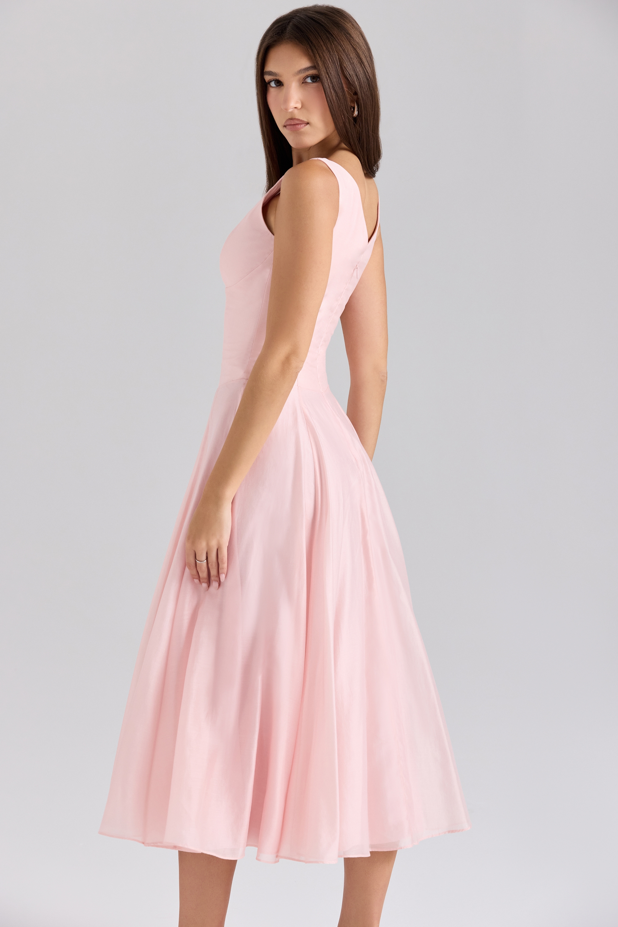 Samira-Pink Chiffon Button Midi Dress