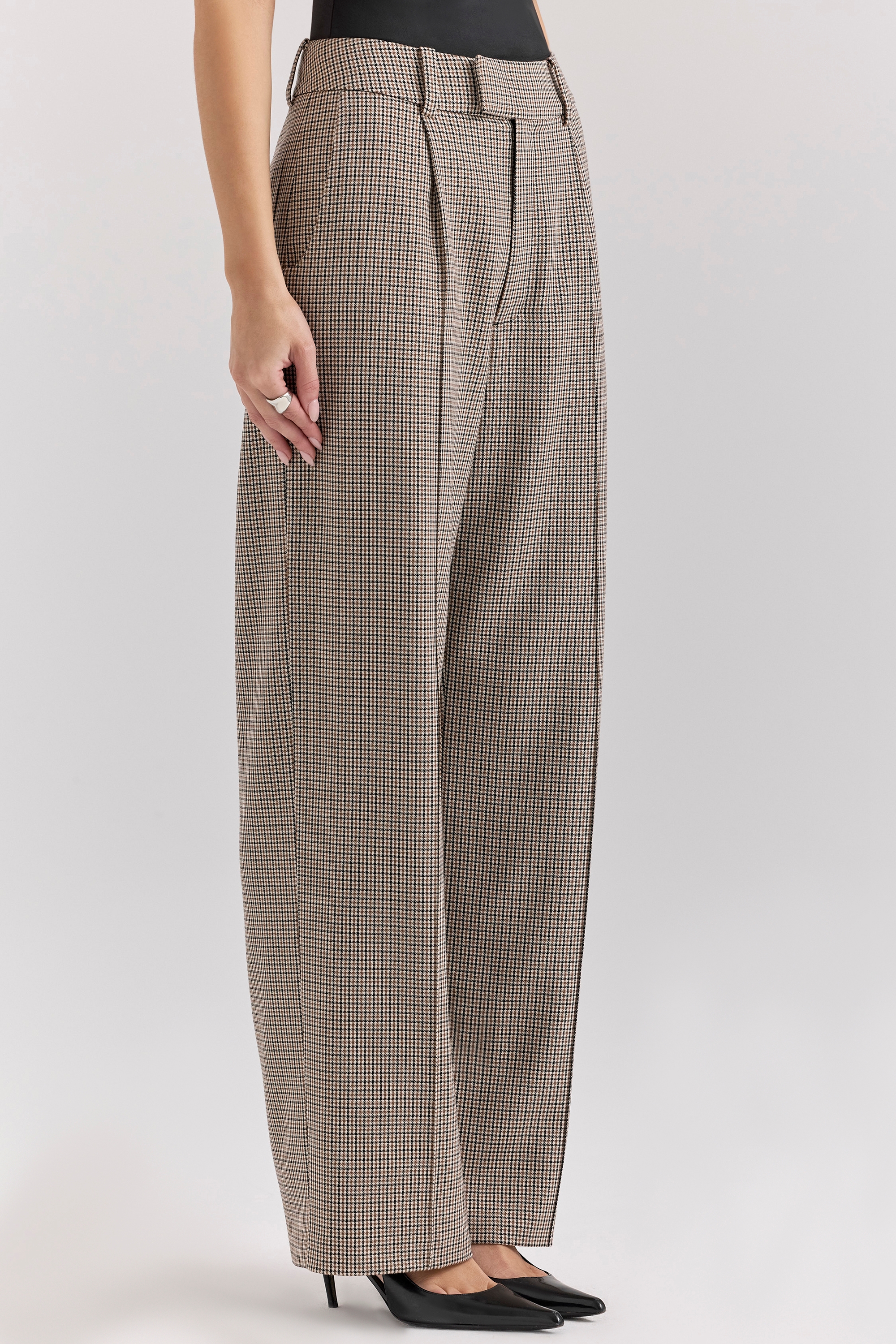 Hayden-Brown Puppytooth Wide Leg High Waist Tailored Trousers
