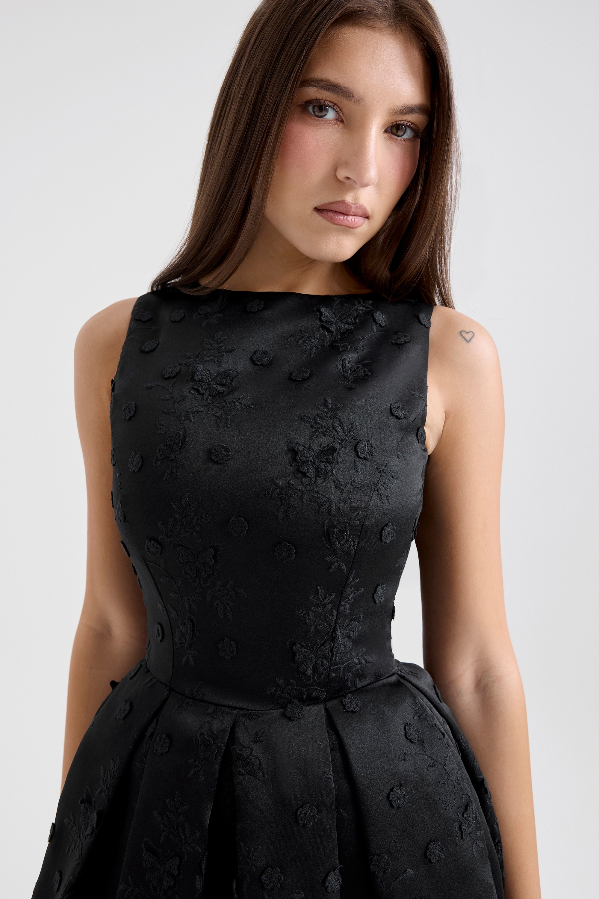 Melika-Black Backless Embroidered Mini Puffball Dress