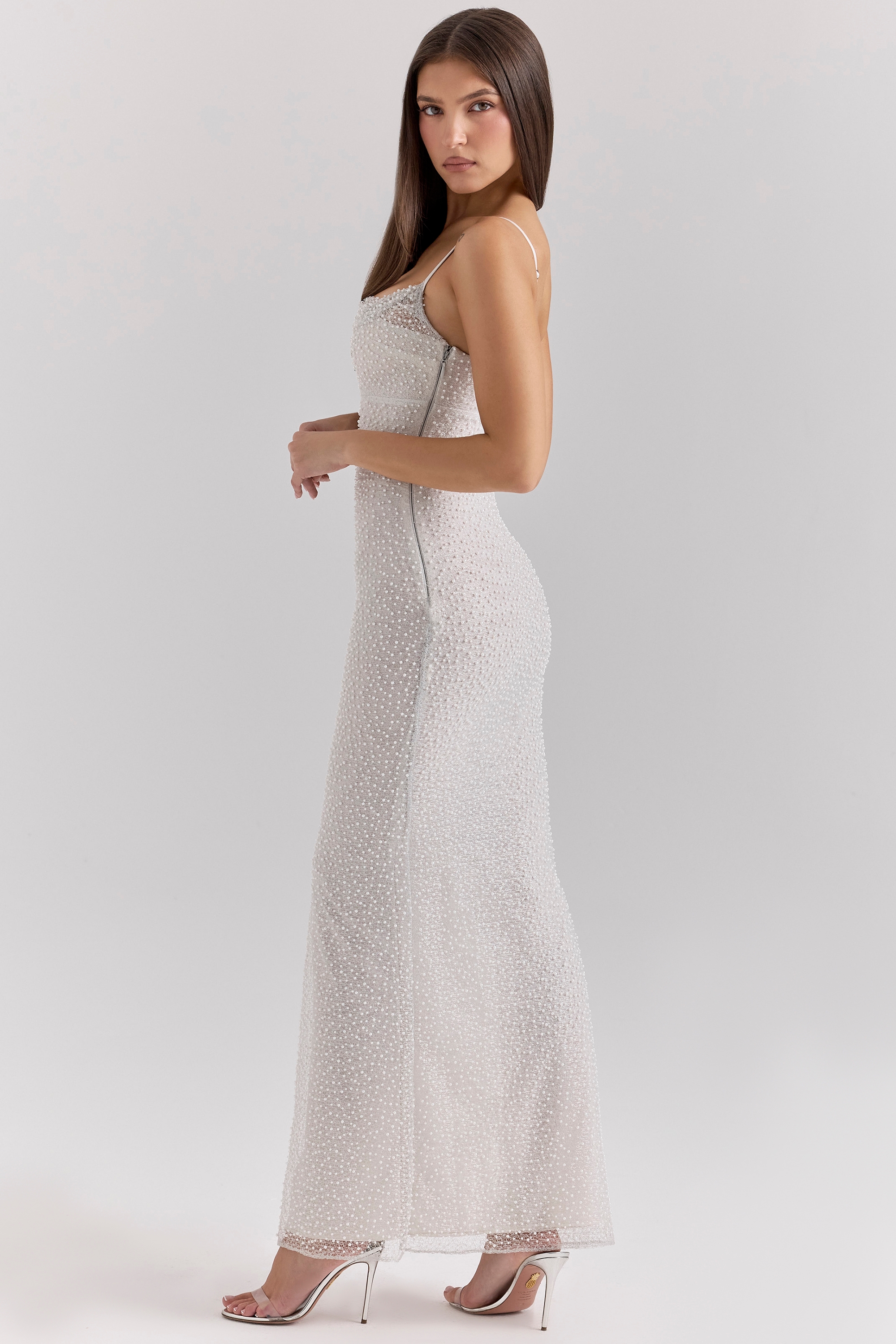 Calla-Silver Pearl Embellished Maxi Dress