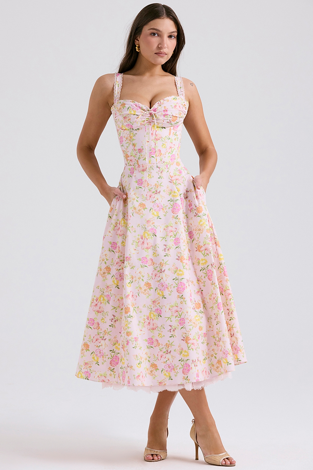 Rosalee-Pink Meadow Print Cotton Bustier Sundress