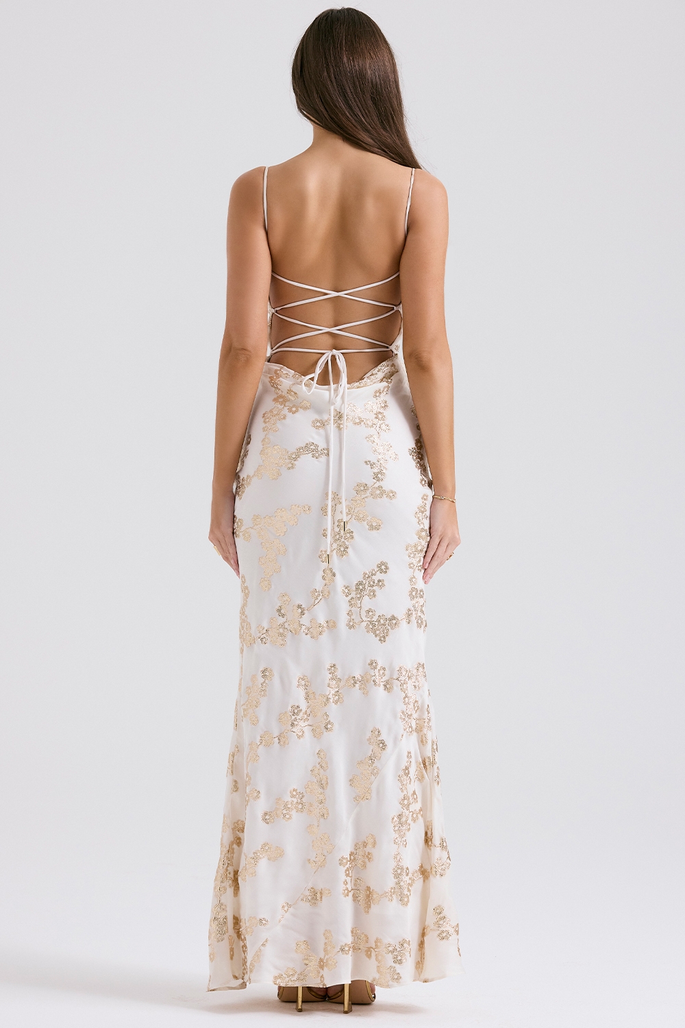 Capriana-White & Gold Jacquard Satin Gown