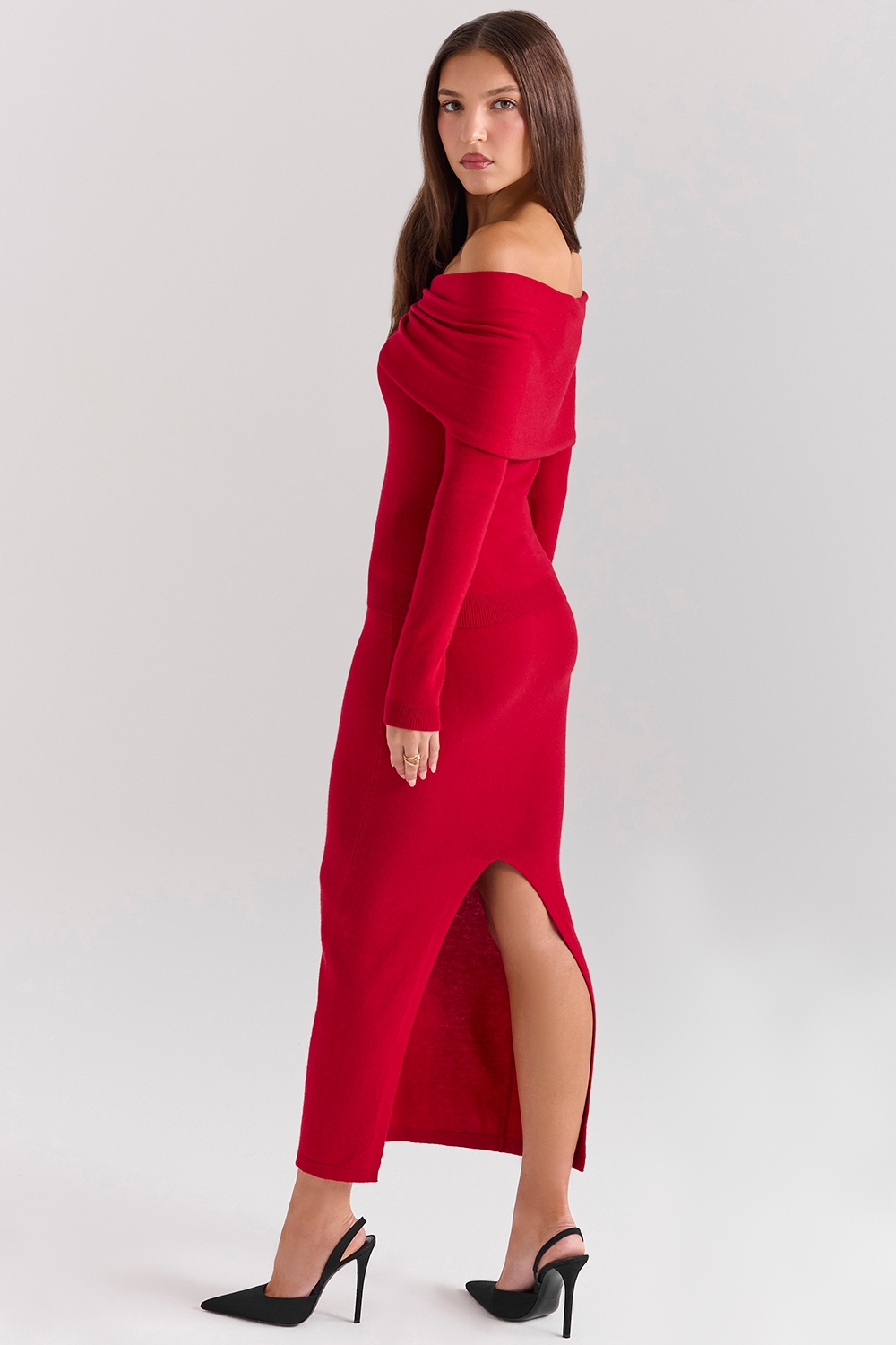 Faith-Holly Red Cashmere Blend Midi Skirt