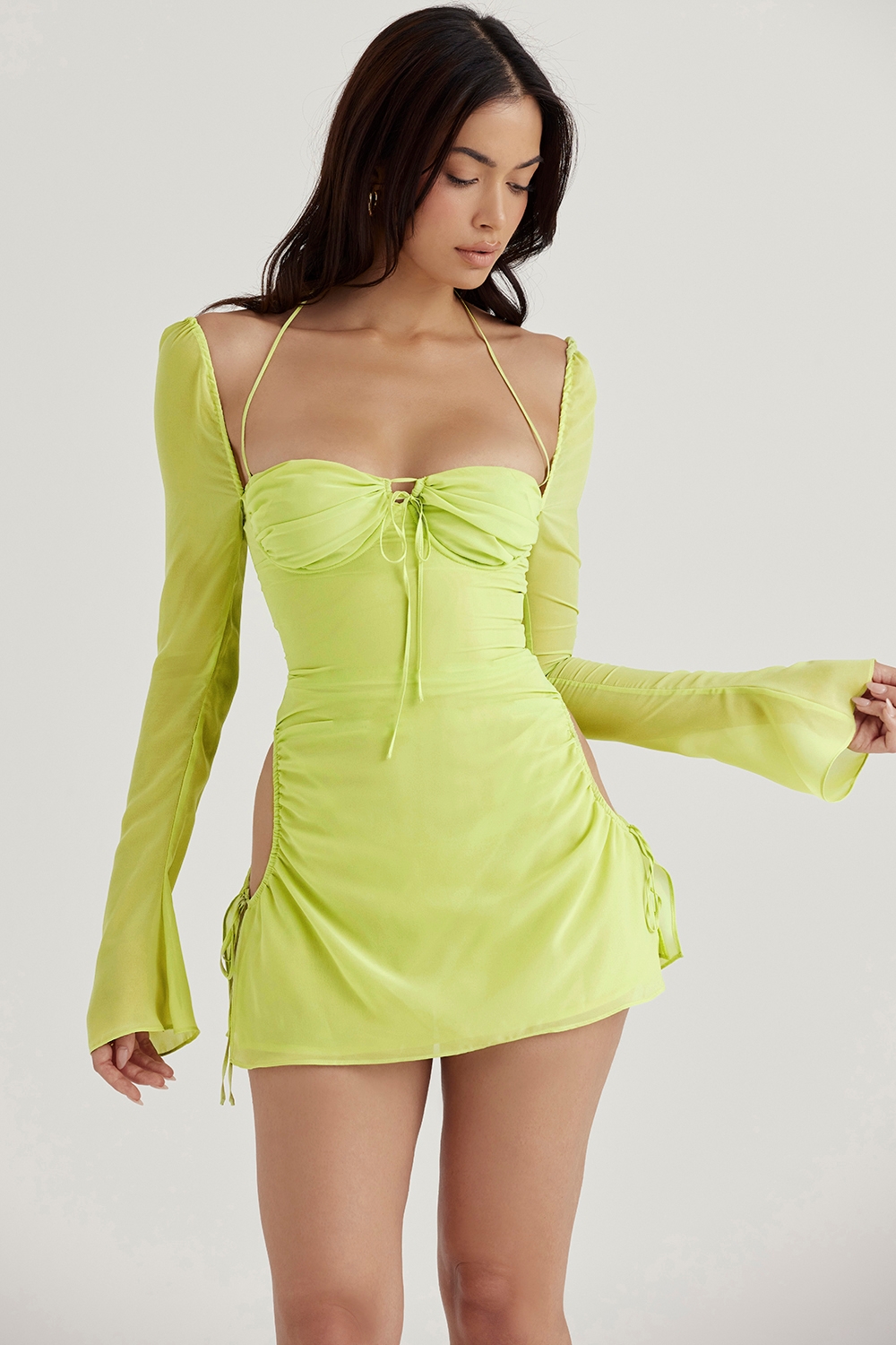 Baby-Lime Chiffon Halter Mini Dress