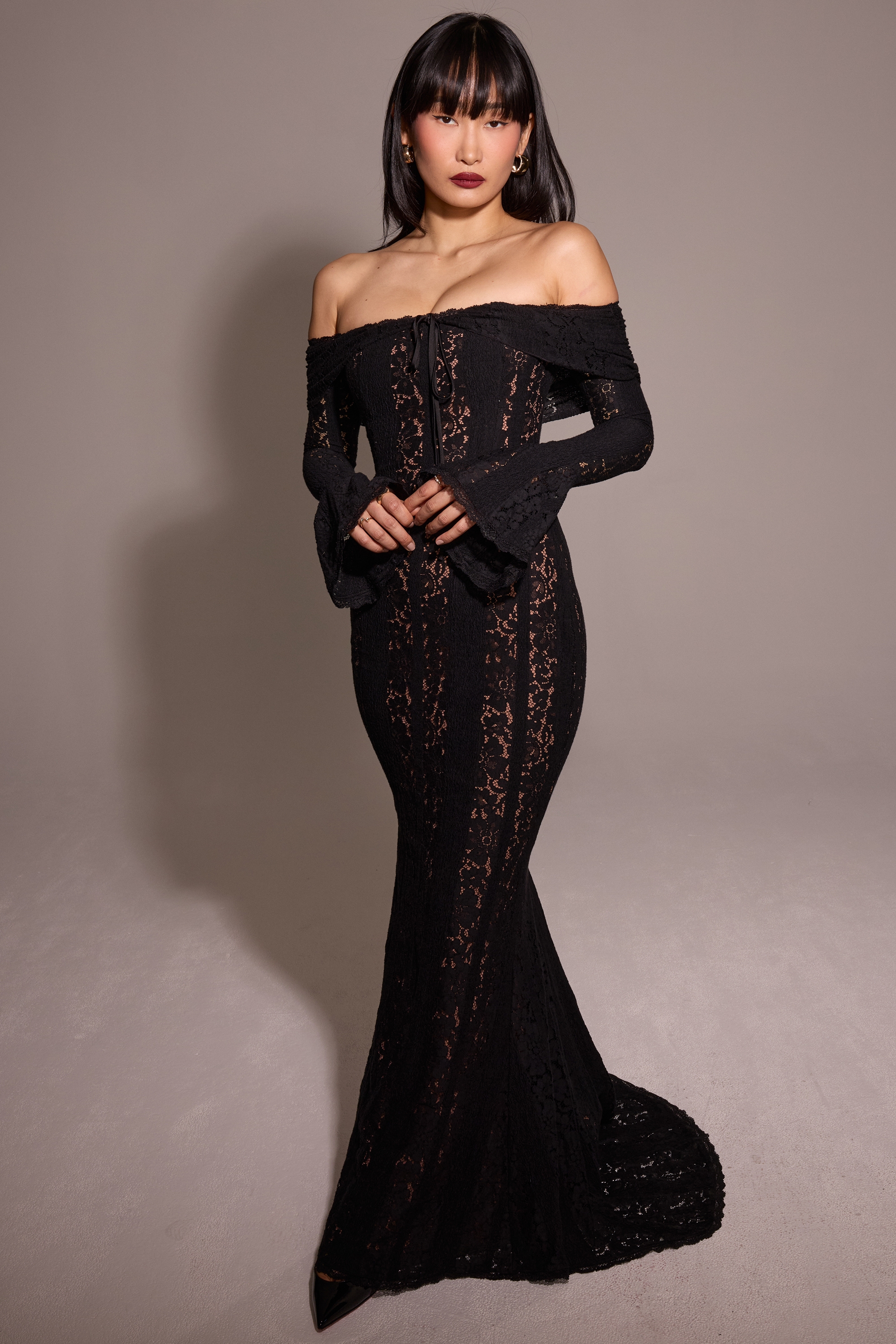 Belle-Black Off Shoulder Floral Lace Maxi Dress