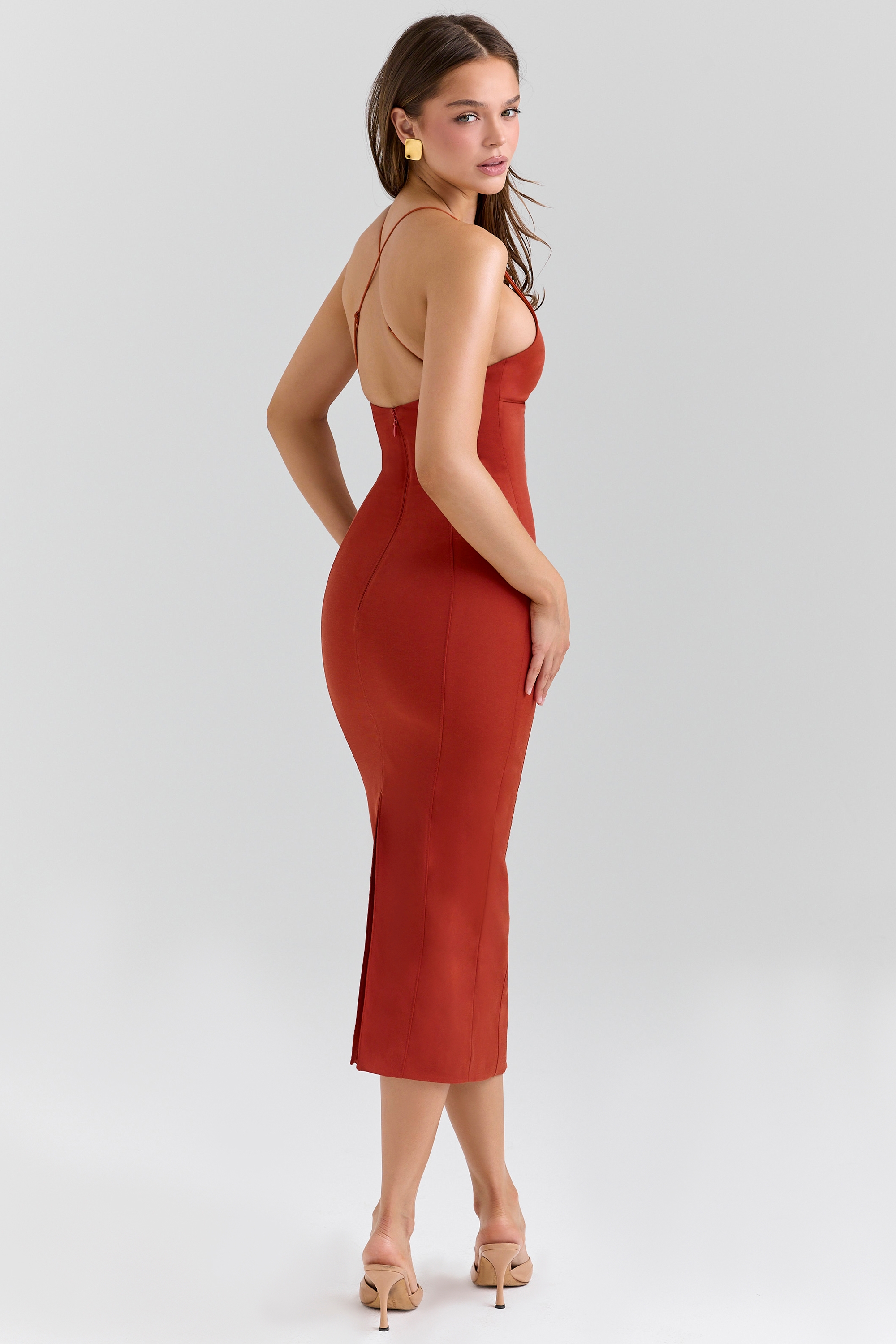 Ria-Terracotta Stretch Cotton Fitted Midi Dress