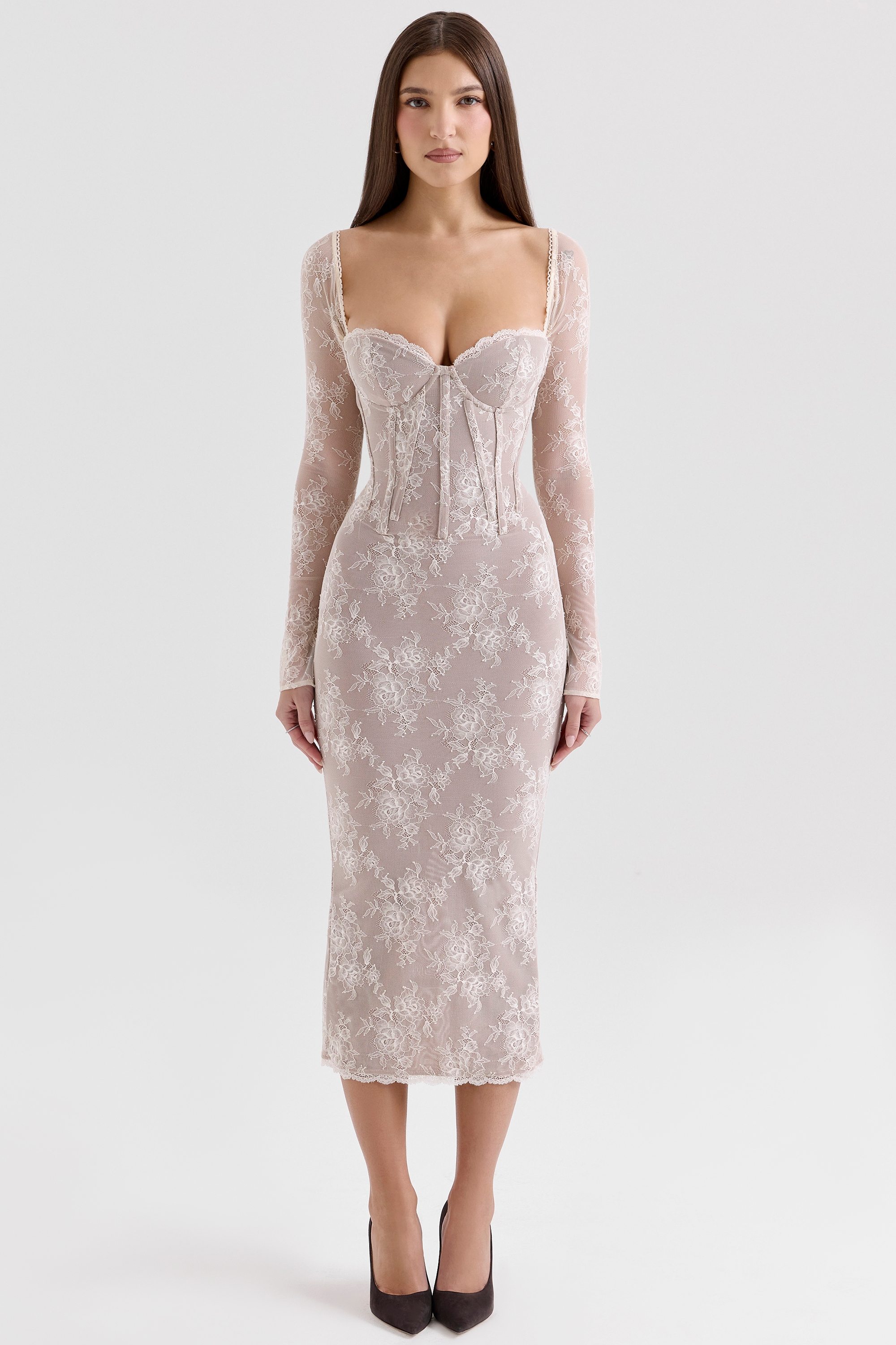 Saisha-Ivory Lace Long Sleeve Midi Dress
