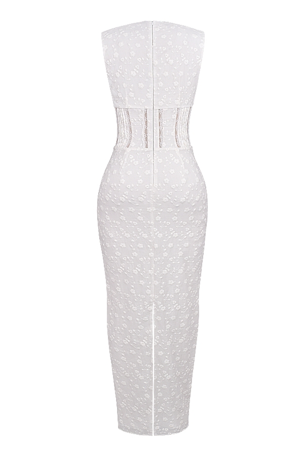 Sophina-White Cotton Broderie Anglais Plunge Maxi Dress
