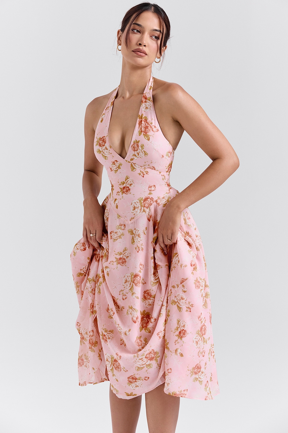 Solada-English Vintage Rose Print Georgette Halter Sundress