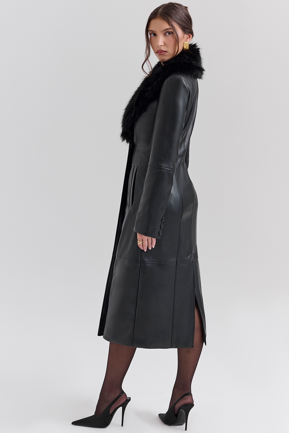 Marcel-Black Faux Fur Trimmed Vegan Leather Coat